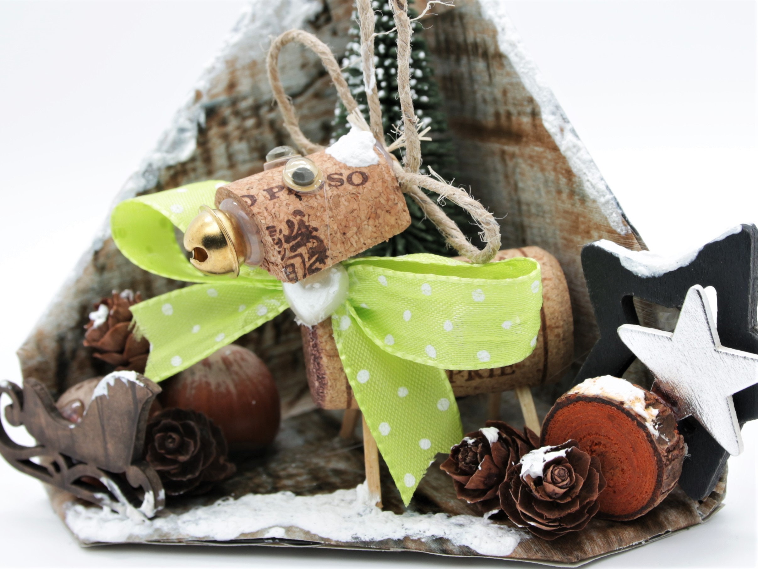 Weihnachtsdekoration aus Kork Holz Kunststoff, "Rentier im Wald" für Geldgeschenke - Gutschein
