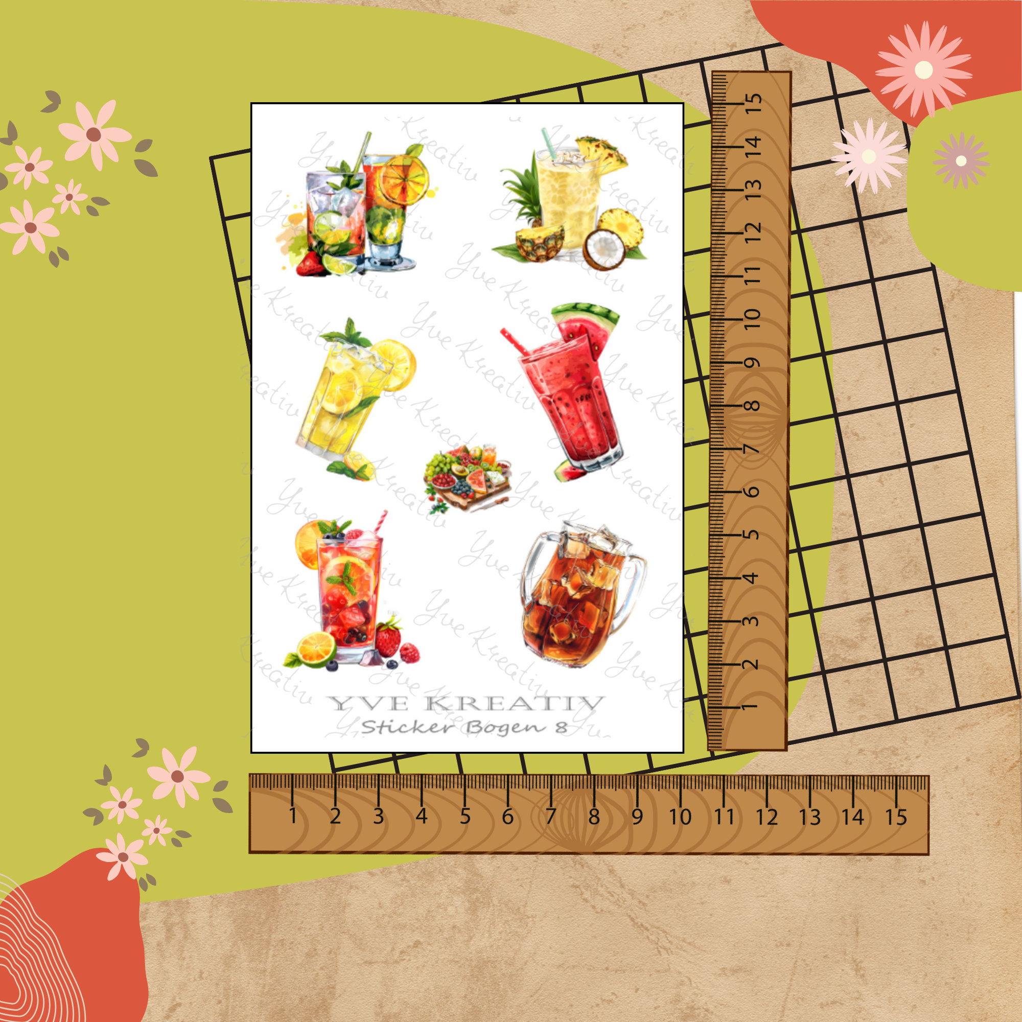 Sticker Bogen " Sommer Cocktail Party " | Sticker Set - Aufkleber 3 Stickerbogen zur Auswahl in Weiß - Transparent - Matt - Glanz  #SBA6