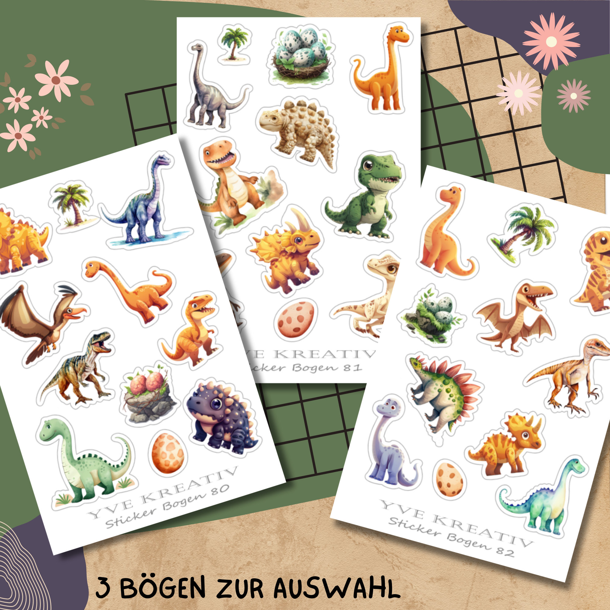 Aufkleber, Sticker Bogen, Dinos, Dinosaurier | Sticker Set - 3 Stickerbogen zur Auswahl in Weiß - Transparent - Matt - Glanz  #SBA6