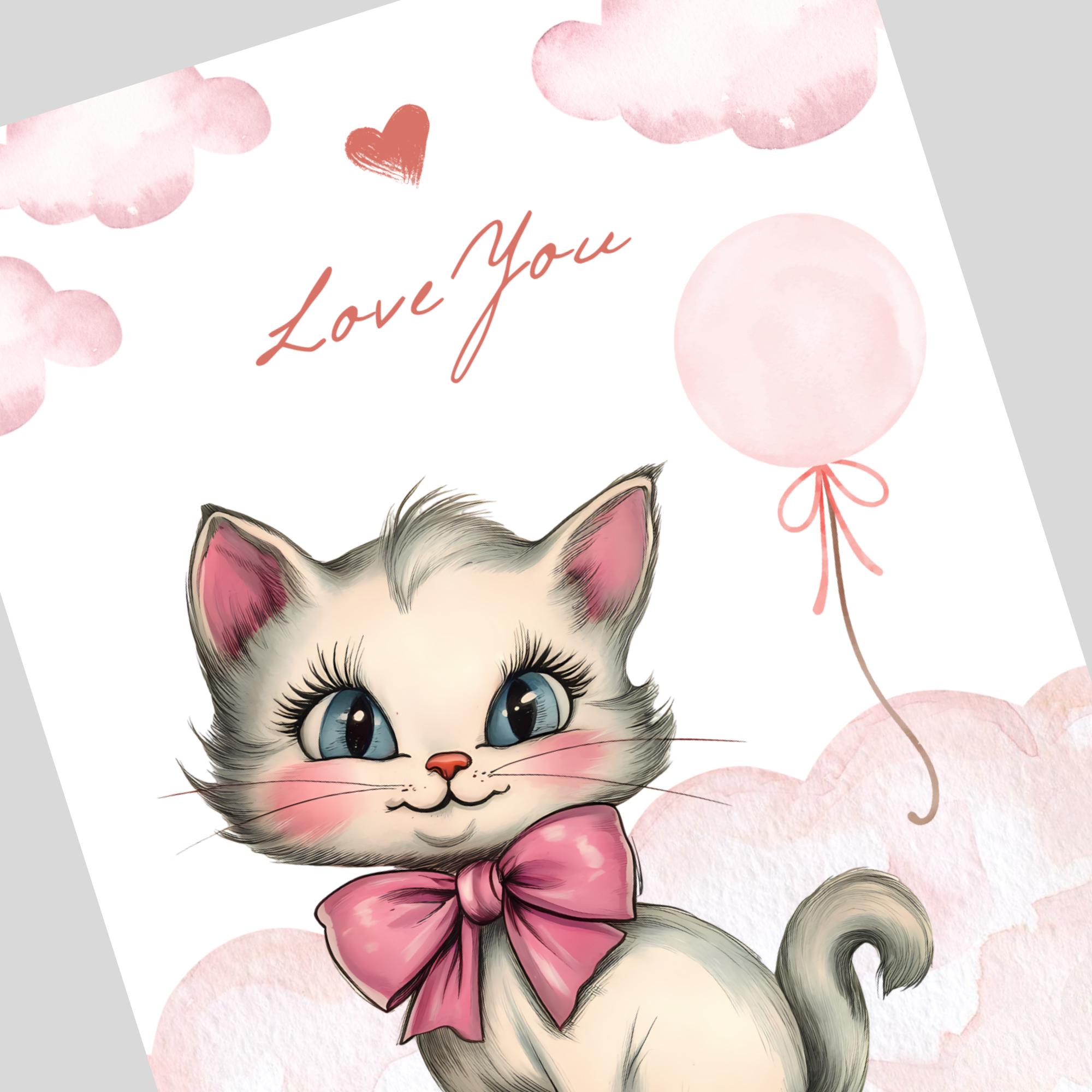 Postkarte zum Valentinstag oder Muttertag, Grußkarte, Karte mit Katze, Grußkarte Love You in DIN A6 auf Karte mit Leinenstruktur #PLS
