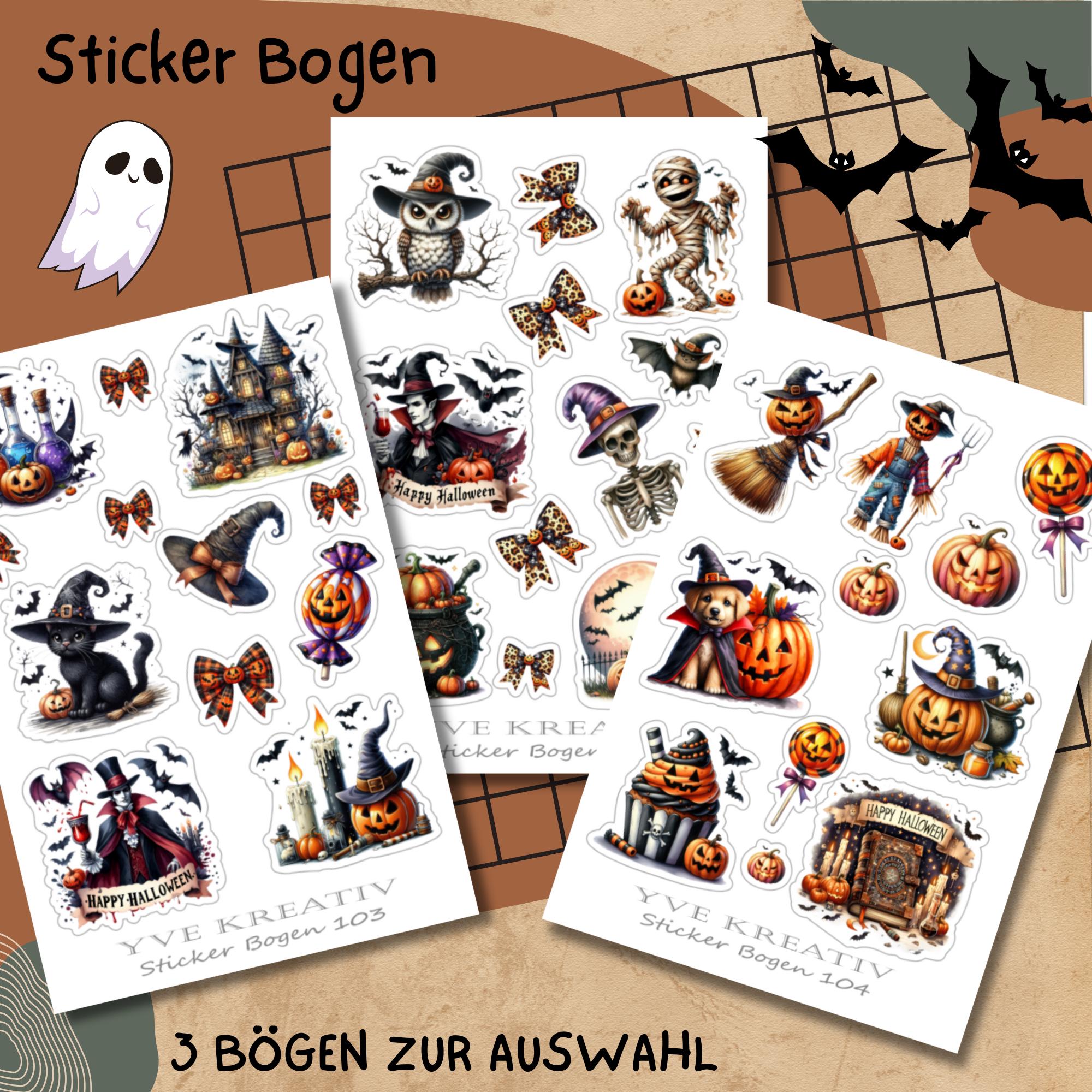 Halloween Sticker Bogen, Grusel Aufkleber, Kürbis und Vampire Set, 3 Stickerbogen zur Auswahl in Weiß - Transparent - Matt - Glanz  #SBA6