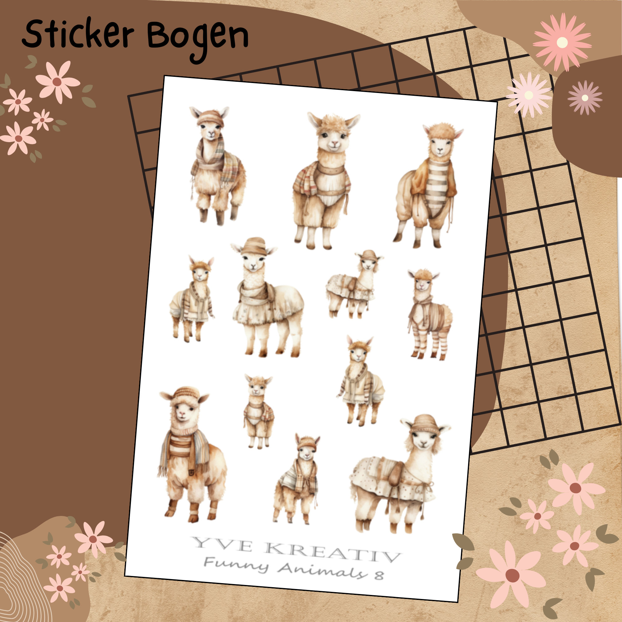 Sticker Bogen "Funny Lama" | 12 Aufkleber Sticker Set Stickerbogen  -  Weiß - Transparent - Matt - Glanz