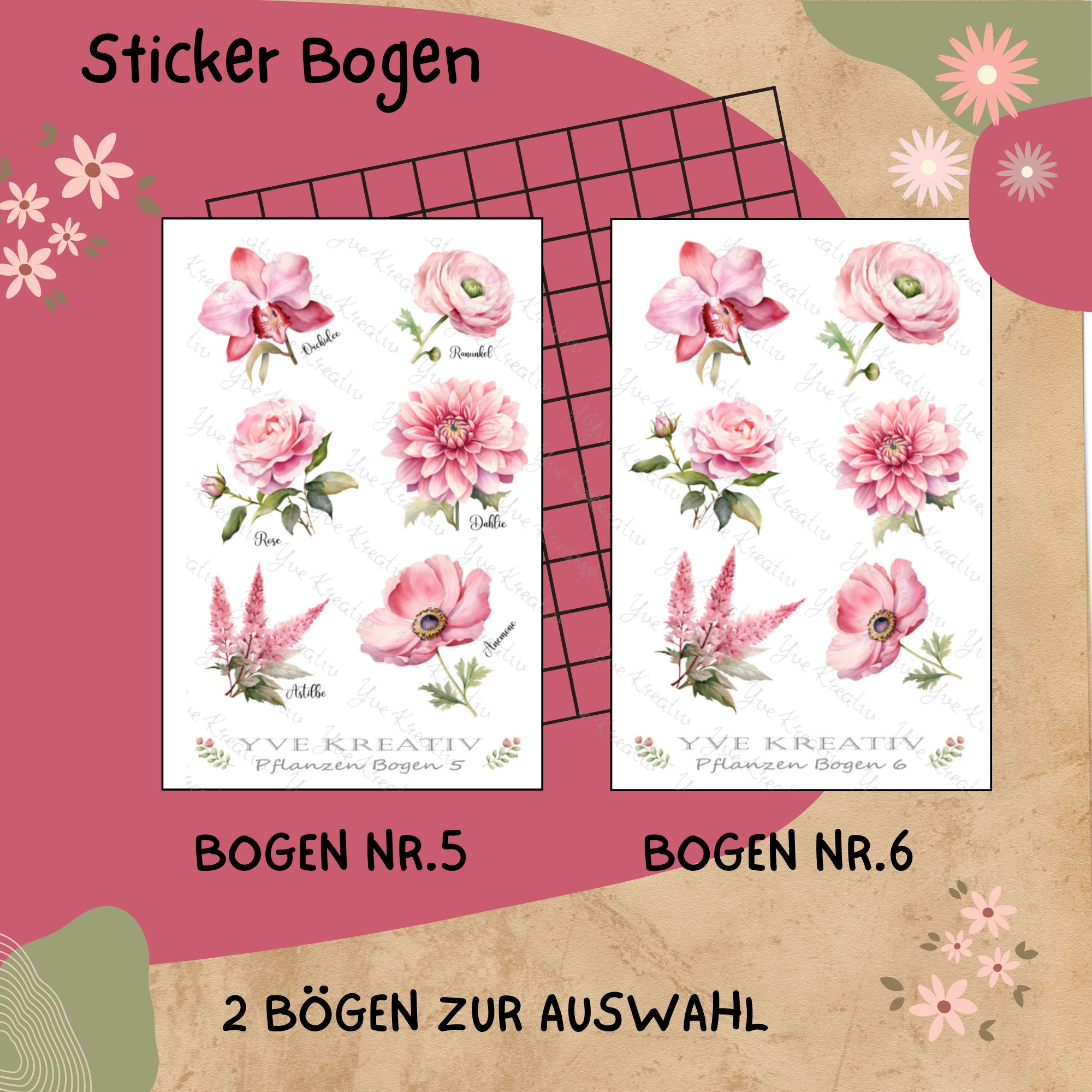 Sticker Bogen "Pflanzen Pflanzenkunde Blumen Rosa" | Set - Aufkleber 2 Stickerbogen zur Auswahl in Weiß - Transparent - Matt - Glanz
