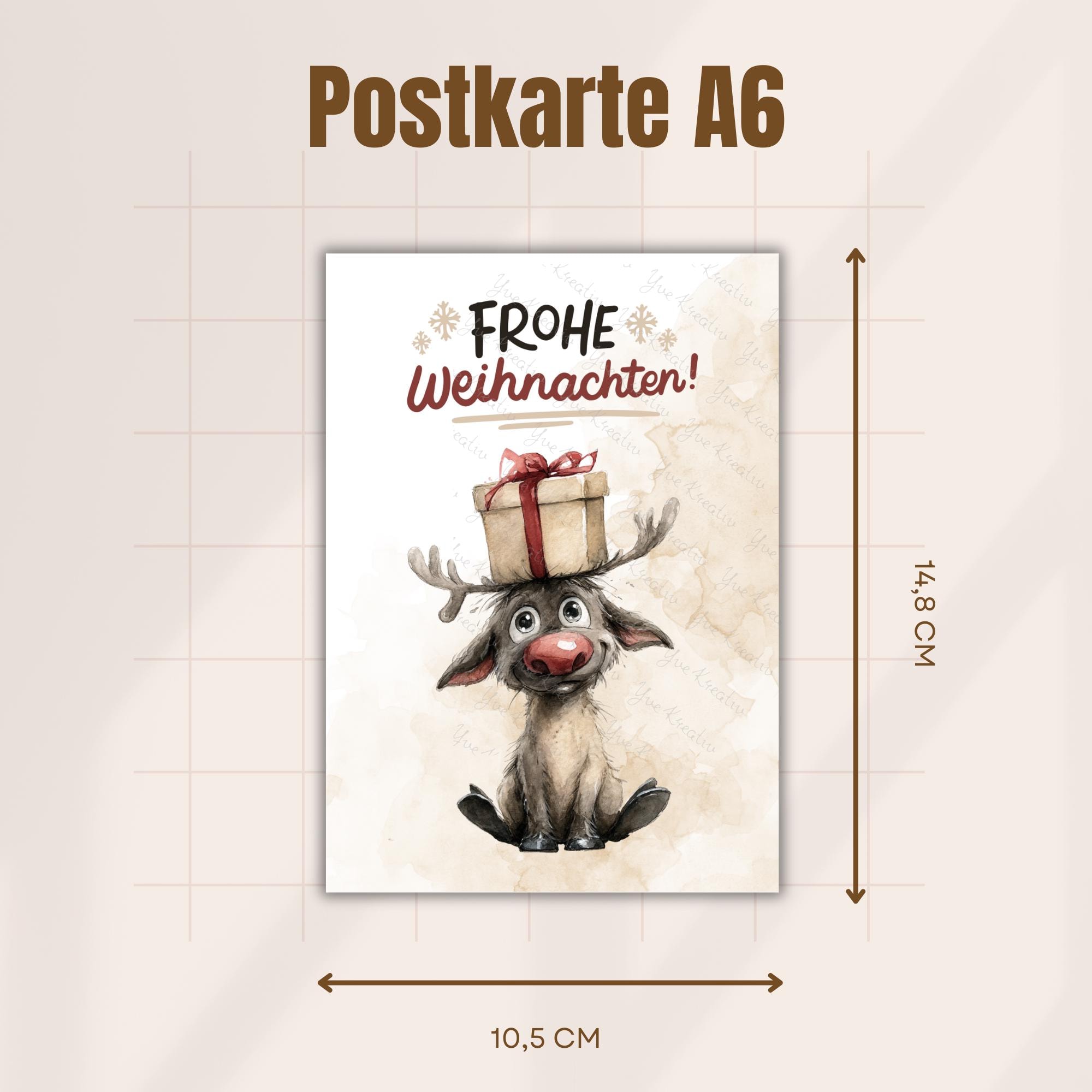 Postkarte Lustigers Rentier Grußkarte Karte zu Weihnachten Weihnachtskarte Geschenkkarte Leinenstruktur Karte A6 #PWE198