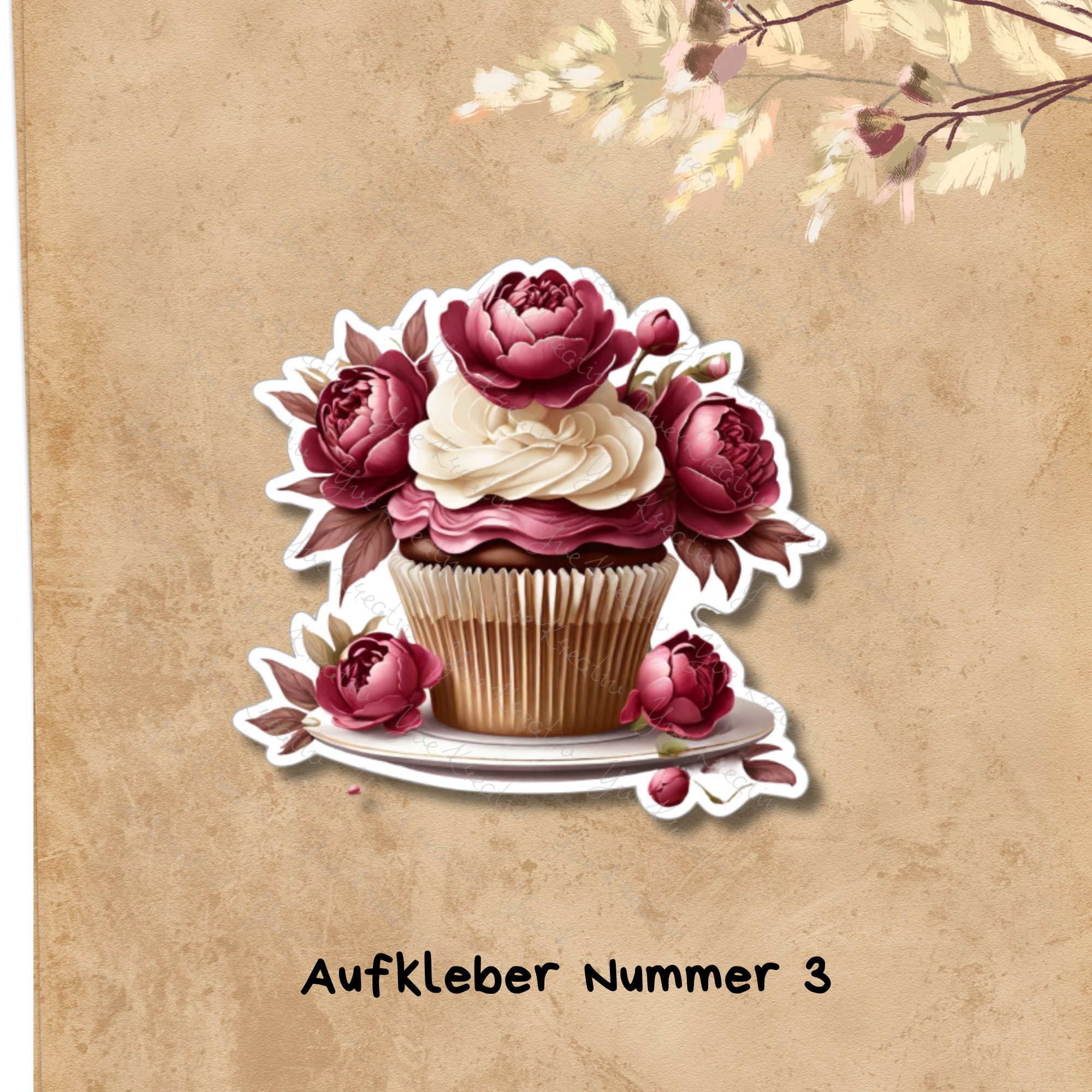 Großer Aufkleber "Blüten Cupcake" großer Koffer Sticker, Kofferaufkleber  - 3 Aufkleber zur Auswahl in Weiß oder Transparent  #SEG8