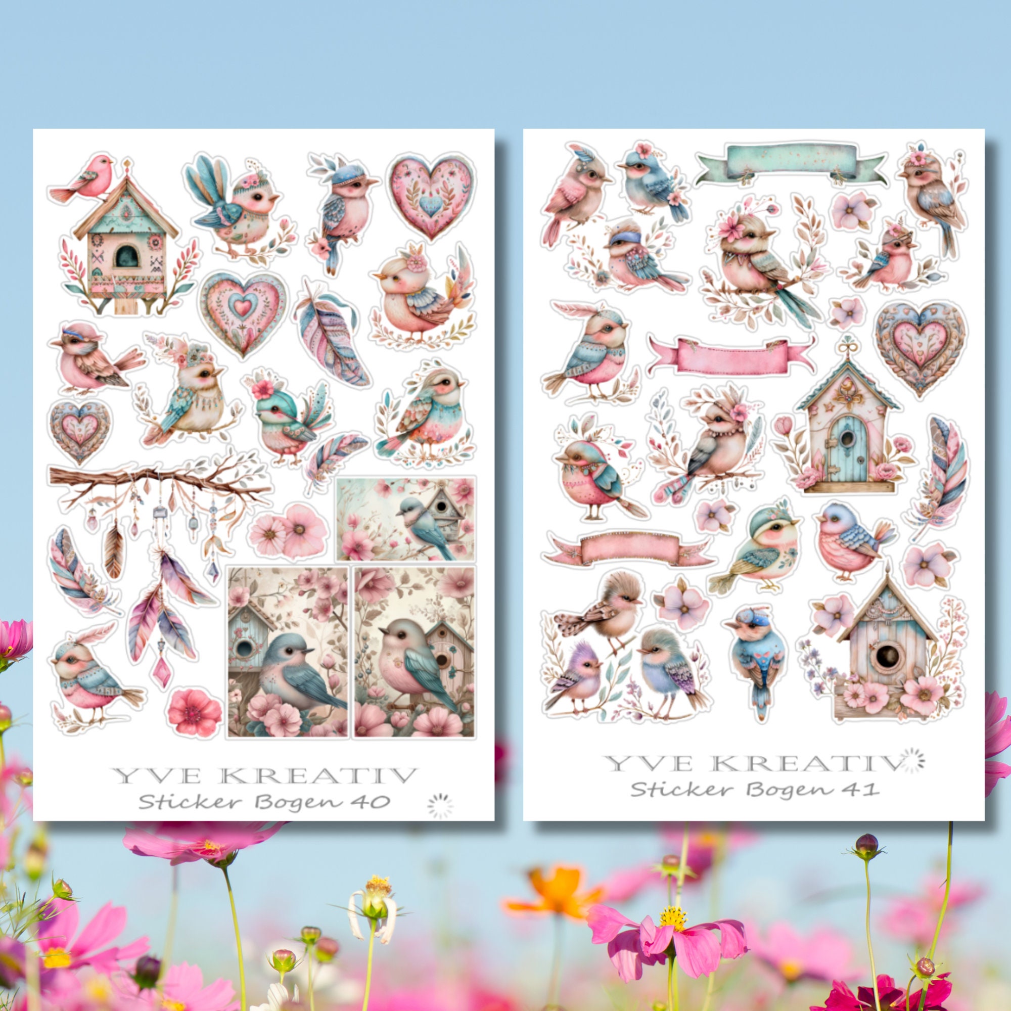Sticker Bogen " Vögel Frühling " | Sticker Set - Aufkleber 2 Stickerbogen zur Auswahl in Weiß - Transparent - Matt - Glanz