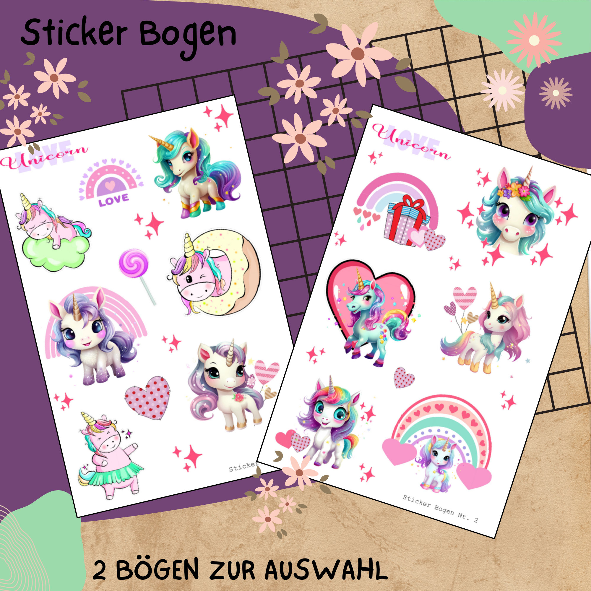 Sticker Bogen " Einhorn - Unicorn Love " | Sticker Set - Aufkleber 2 Stickerbogen zur Auswahl in Weiß - Transparent - Matt - Glanz