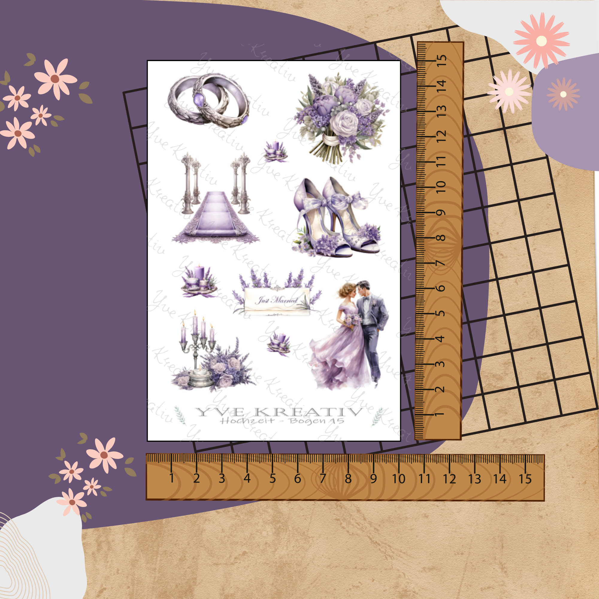 Sticker Bogen "Lavendel Hochzeit" | Sticker Set - Aufkleber 3 Stickerbogen zur Auswahl in Weiß - Transparent - Matt - Glanz  #SBA6