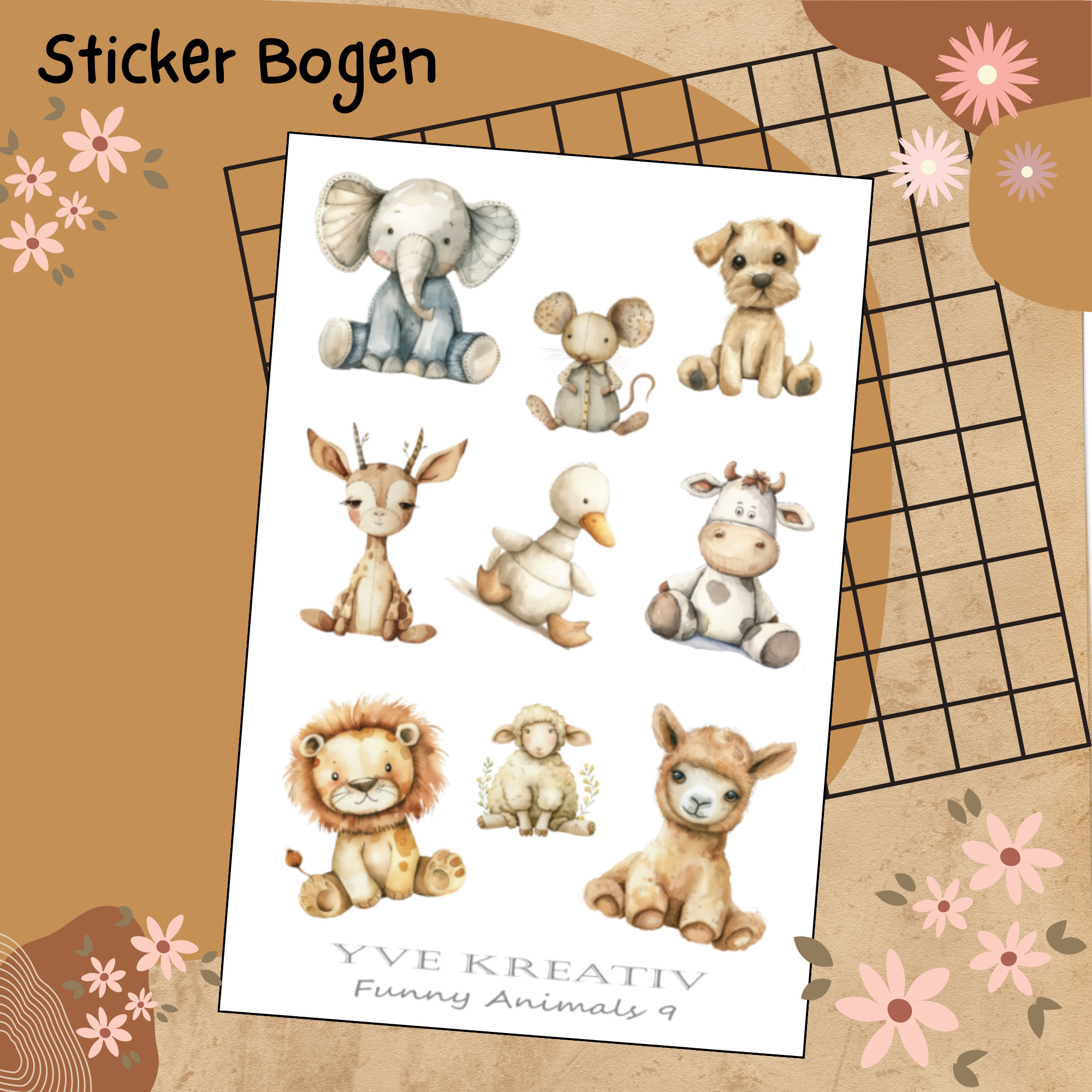 Sticker Bogen " Funny Baby Animals " | 9 Aufkleber Sticker Set Stickerbogen  -  Weiß - Transparent - Matt - Glanz