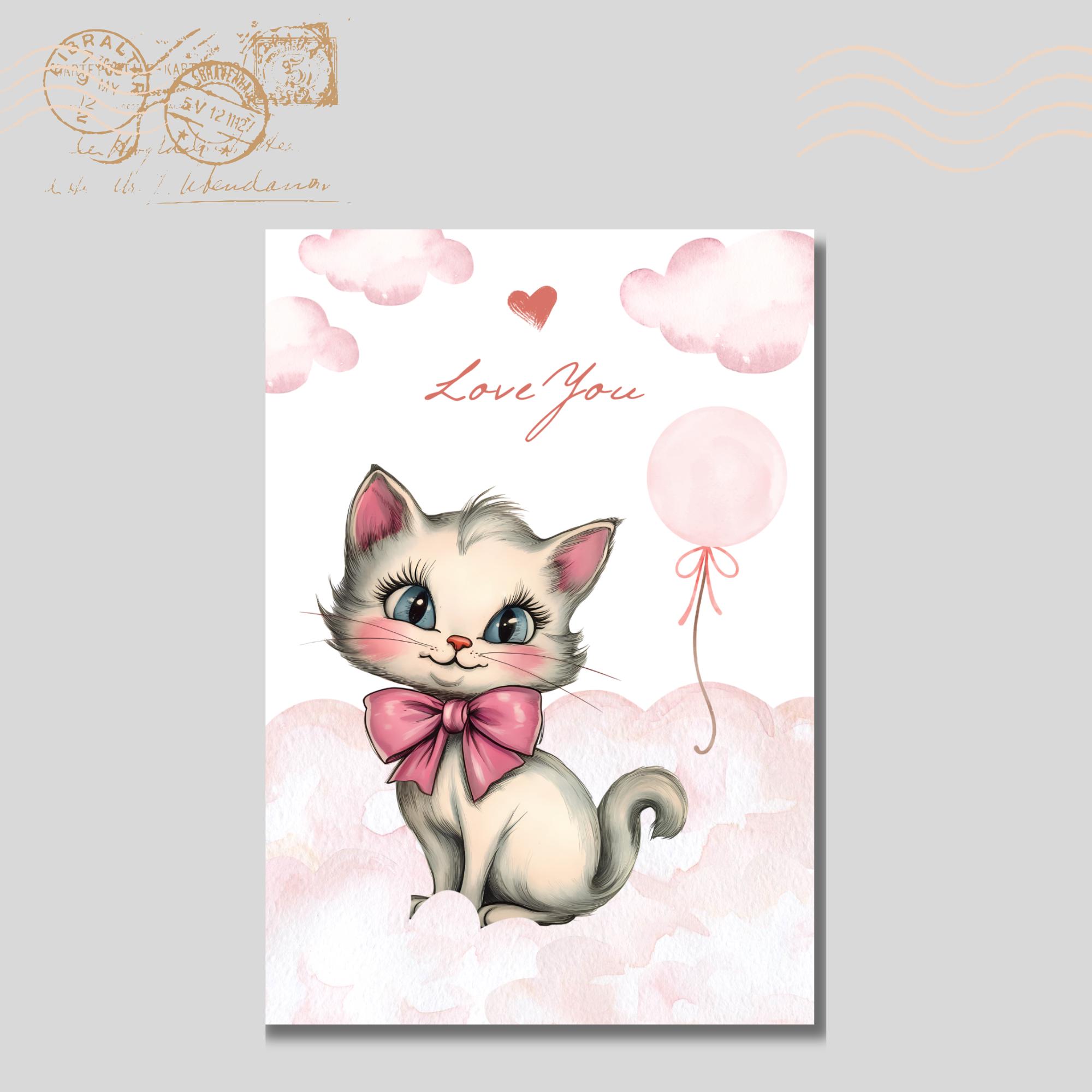 Postkarte zum Valentinstag oder Muttertag, Grußkarte, Karte mit Katze, Grußkarte Love You in DIN A6 auf Karte mit Leinenstruktur #PLS