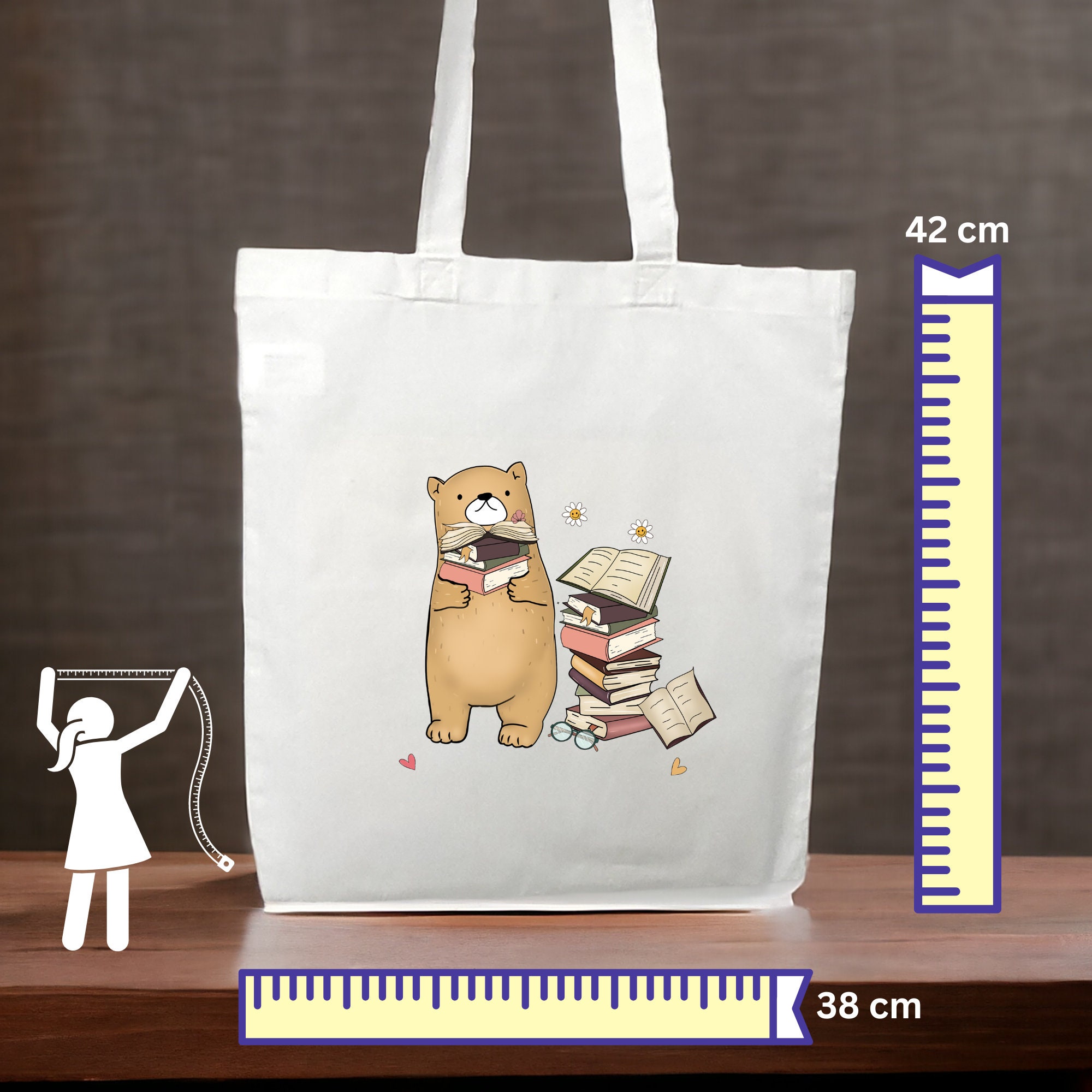 Stofftasche Geschenk für Leseratten Stoffbeutel für Mama Büchertasche Tasche Geschenk zum Geburtstag in Weiß oder Beige "Bücher Bär"  #STSUB