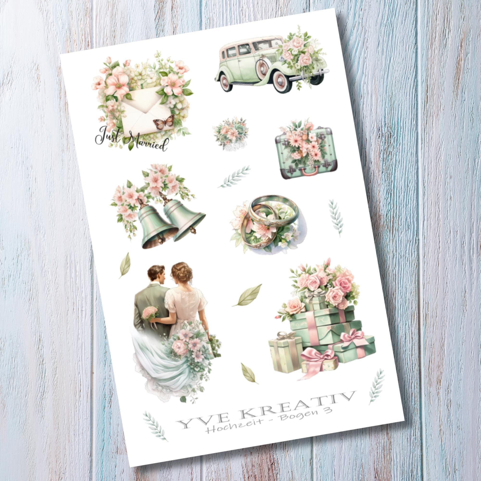 Aufkleber Hochzeit Sticker Bogen Hochzeitsfeier Stickerbogen zur Auswahl in Weiß - Transparent - Matt - Glanz  #SBA6