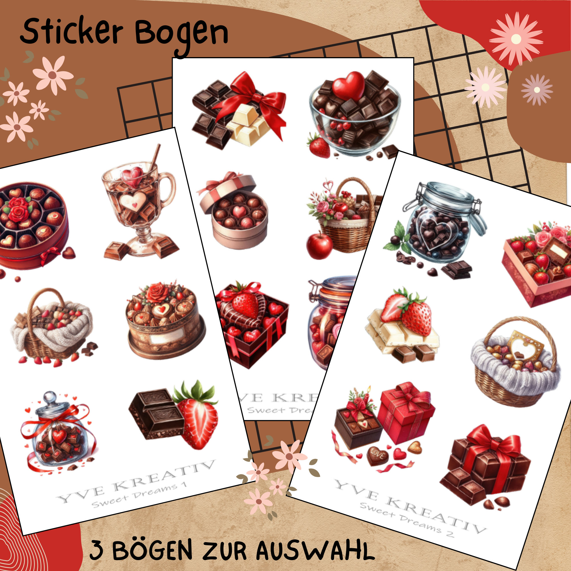 Stickerbogen " Schokolade Erdbeeren Süßigkeiten " | Sticker Set - Aufkleber 3 Bögen zur Auswahl in Weiß - Transparent - Matt - Glanz  #SBA6