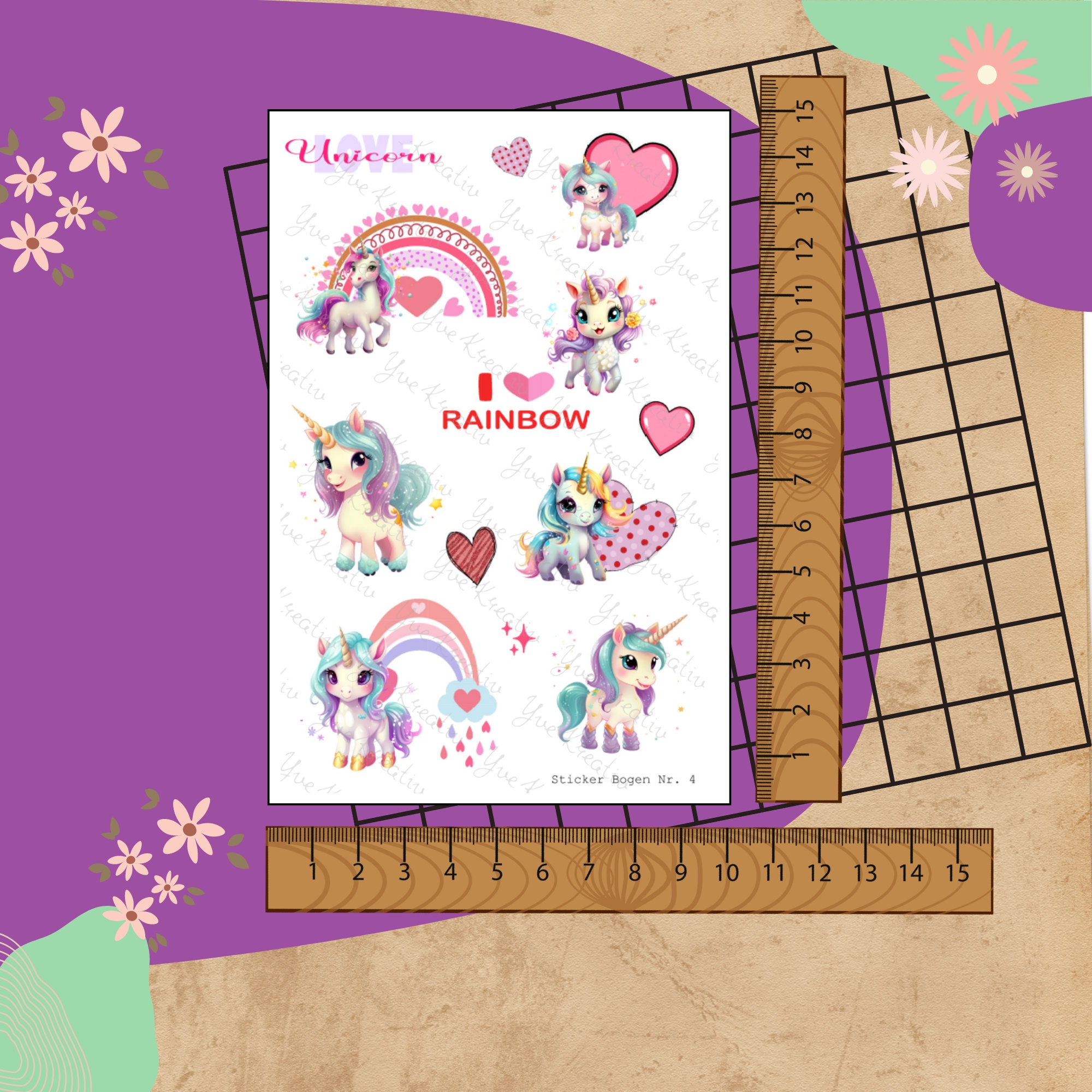 Sticker Bogen Aufkleber Einhorn Love  | Sticker Set - Aufkleber 2 Stickerbogen zur Auswahl in Weiß - Transparent - Matt - Glanz  #SBA6