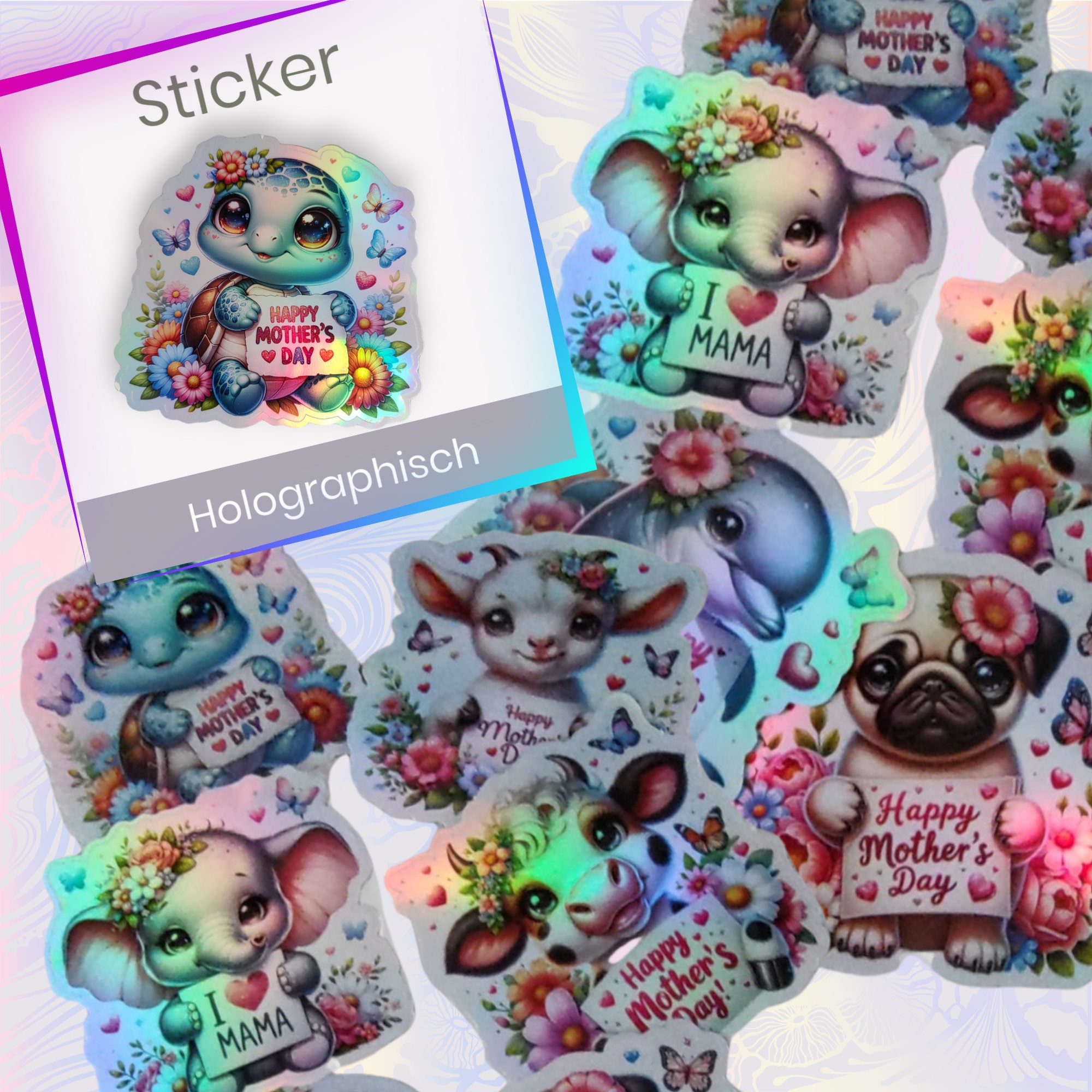 Holographischer Sticker "Niedliche Tiere zum Muttertag" | Sticker Set - Aufkleber 14 Sticker zur Auswahl I wasserfest