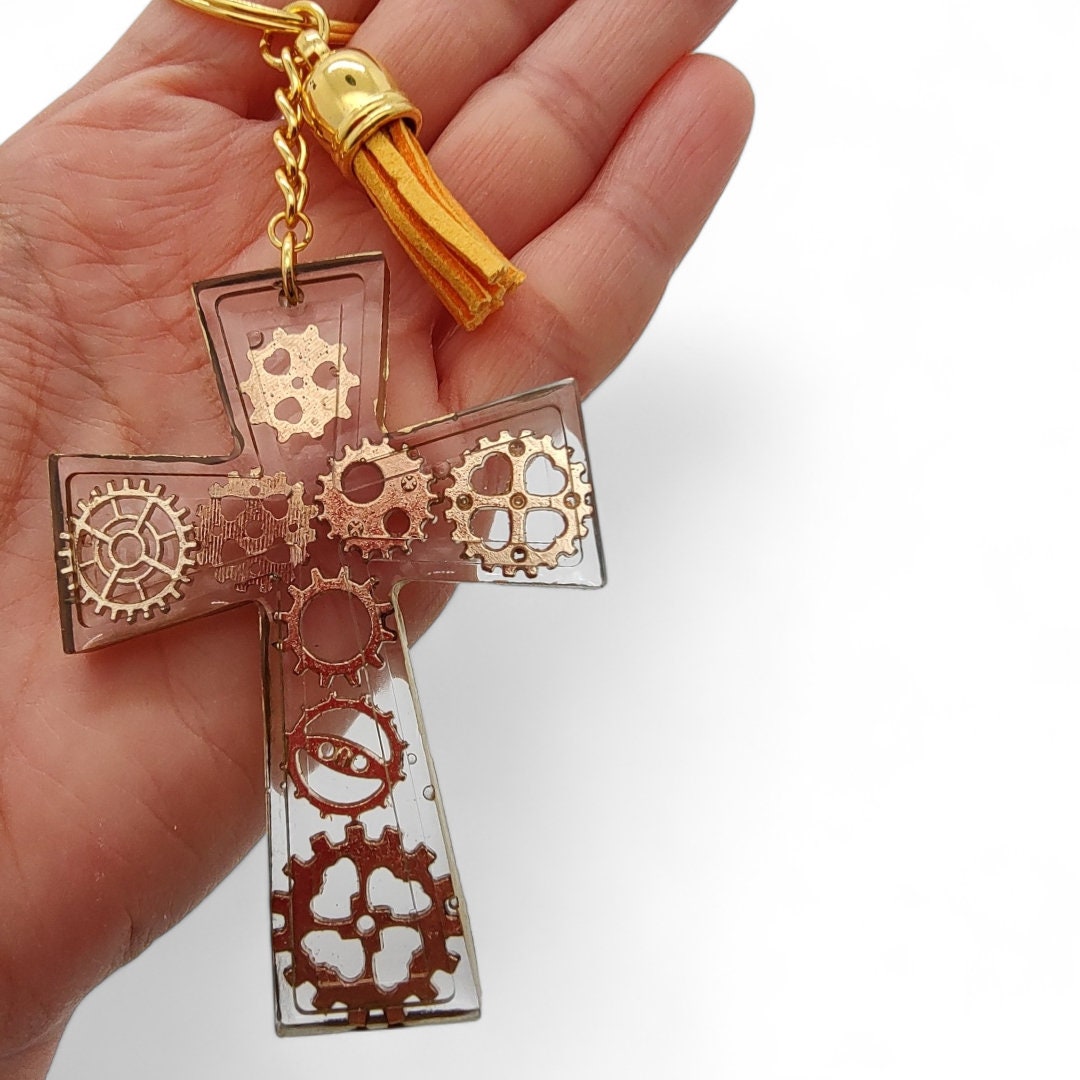 Schlüsselanhänger Kreuz aus Epoxidharz mit einer kleinen Quaste Geschenk Kommunion Konfirmation  #1673241689