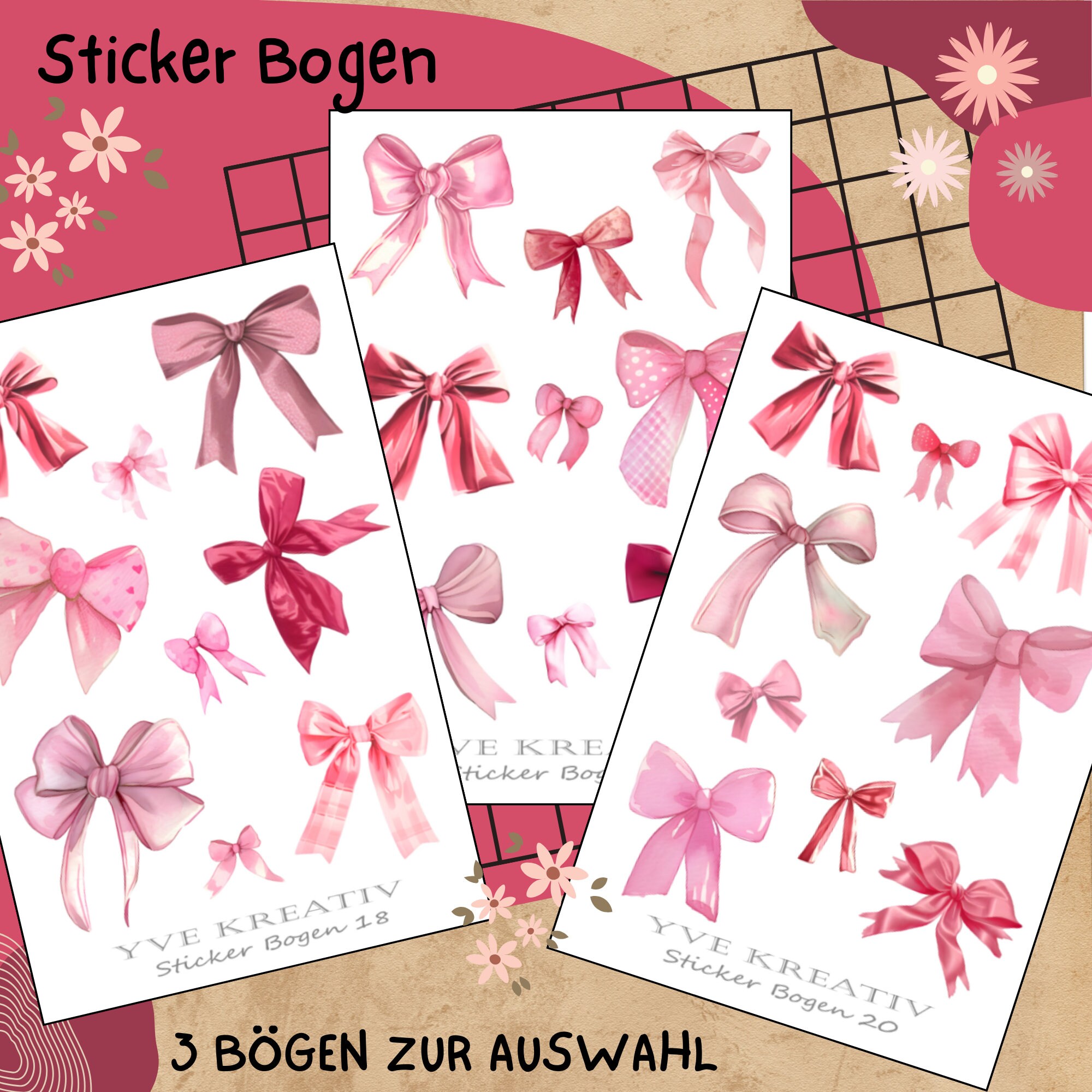 Sticker Bogen " Schleifen rosa rot " | Sticker Set - Aufkleber 3 Stickerbogen zur Auswahl in Weiß - Transparent - Matt - Glanz  #SBA6