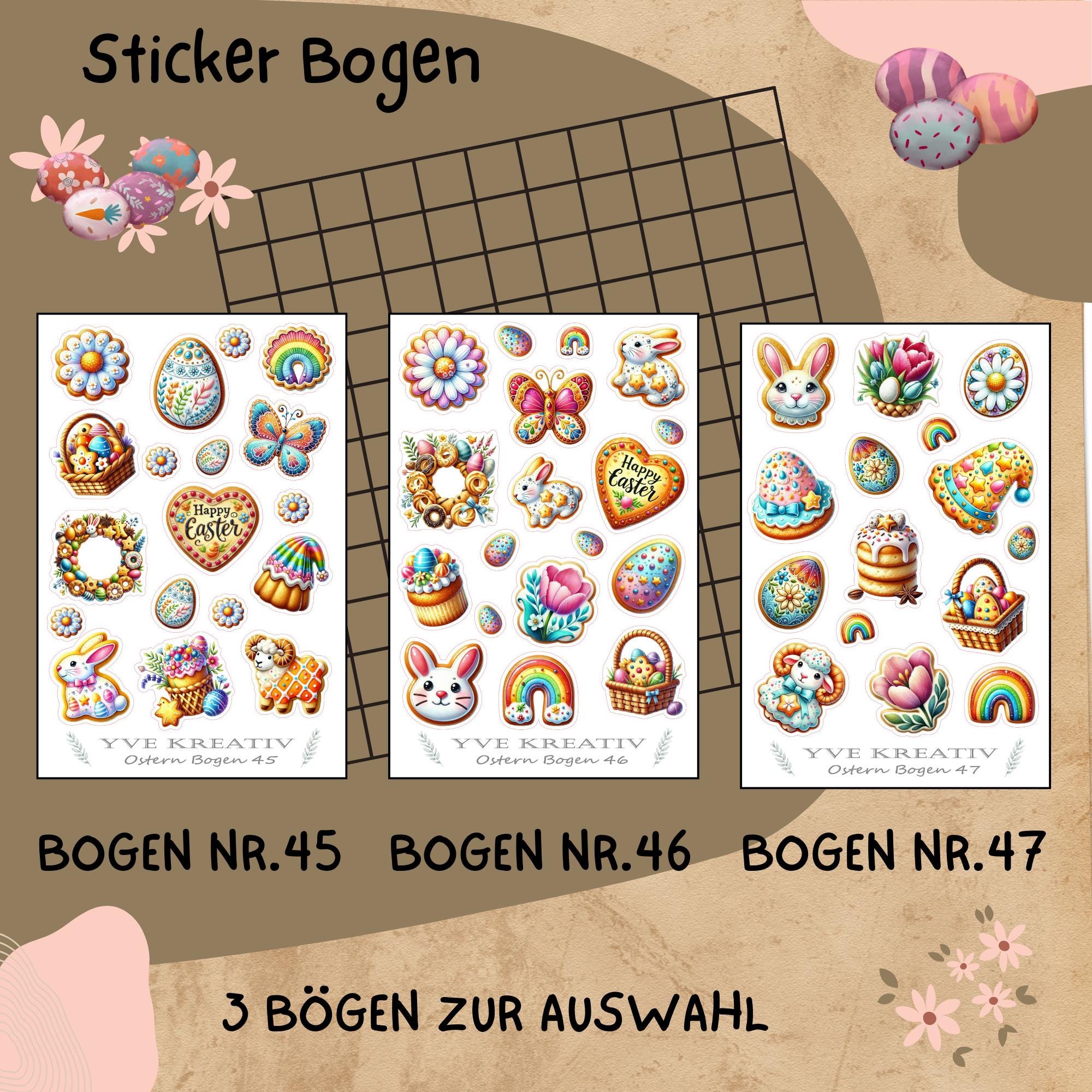 Sticker Bogen Aufkleber "Ostern"  Sticker Set - Aufkleberbogen - 3 Stickerbogen zur Auswahl in Weiß - Transparent - Matt - Glanz #SBA6