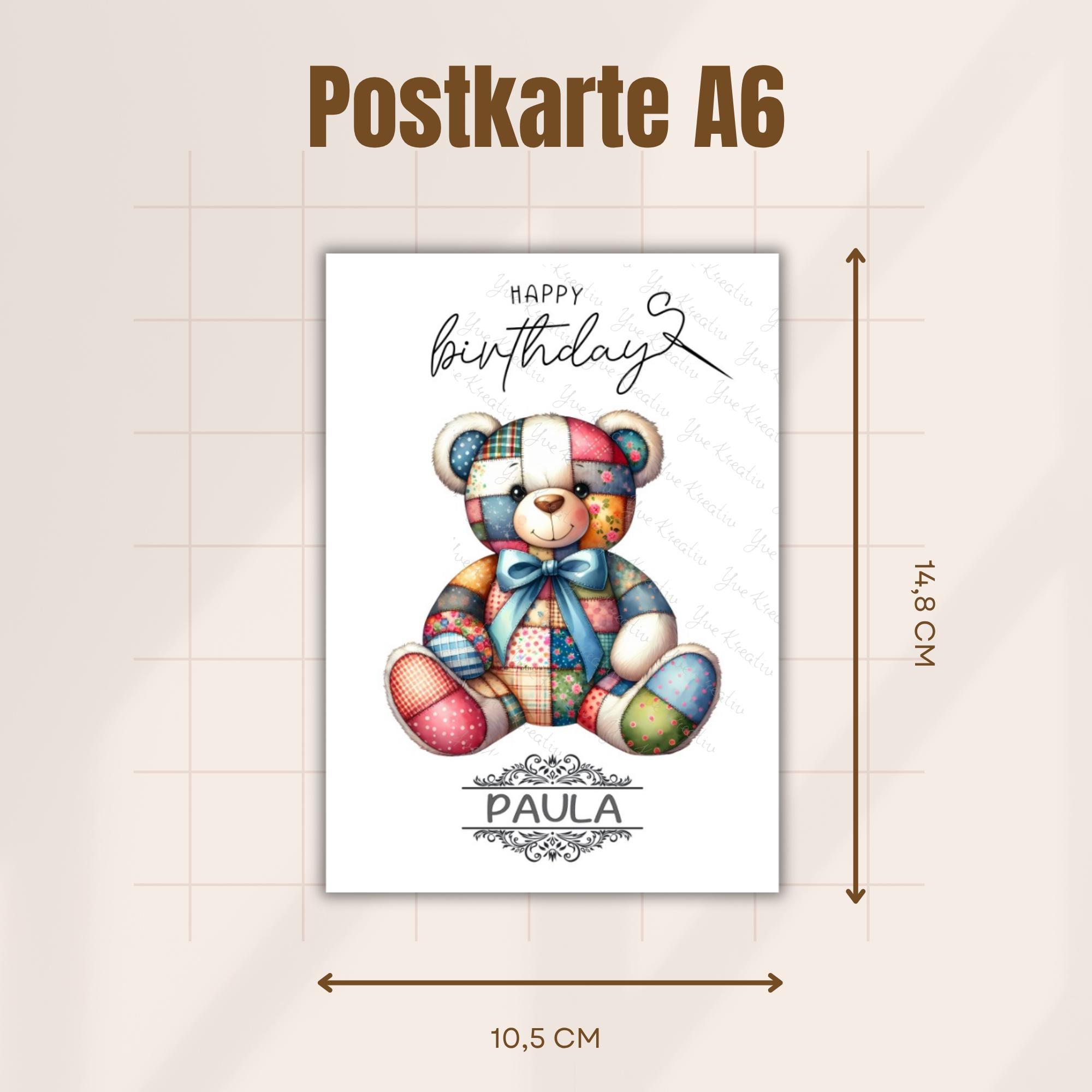 Postkarte Teddy Bär personalisiert mit Namen Grußkarte Happy Birthday Karte Geburtstag Geburtstagskarte Patchwork Stil #PHO Postkarte Teddy Bär personalisiert mit Namen Grußkarte Happy Birthday Karte Geburtstag Geburtstagskarte Patchwork Stil #PHO