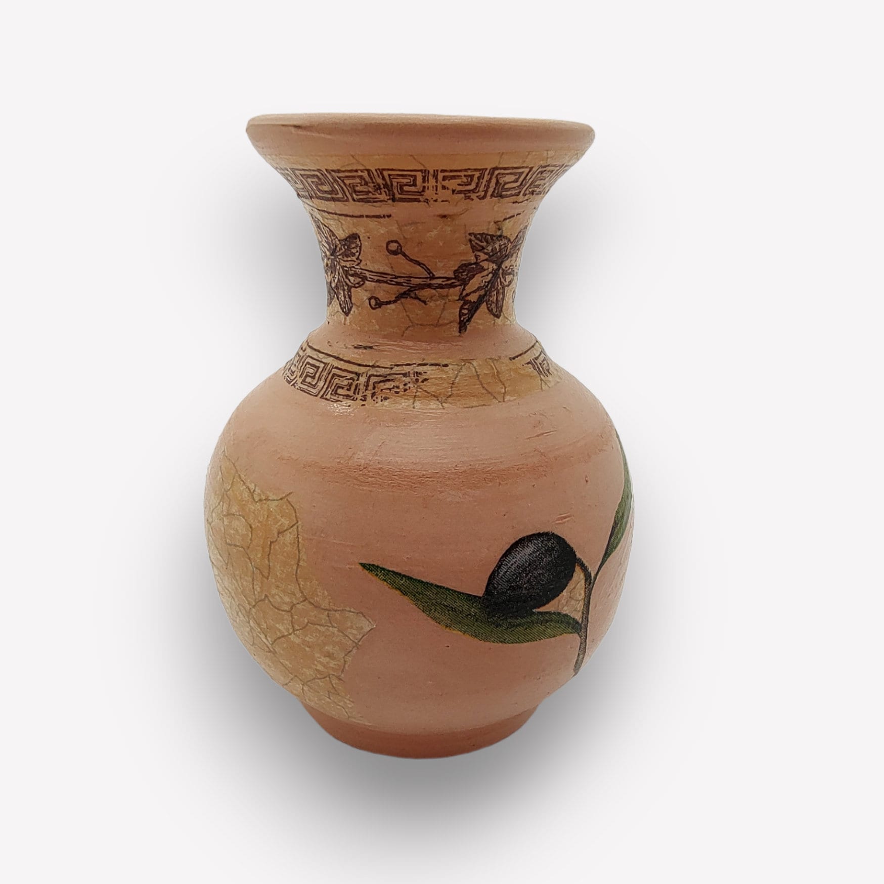 Kleine Ton -Vase verziert mit Serviettentechnik