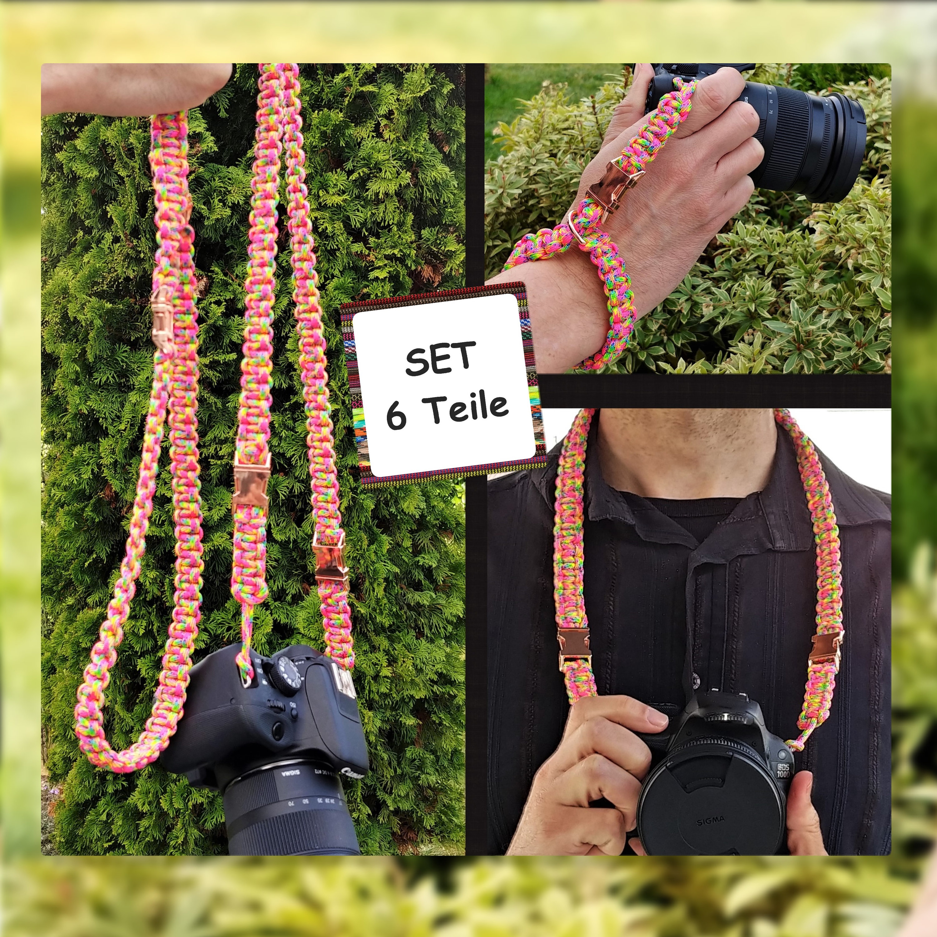 6 tlg. SET Kameragurt inkl. Handschlaufe geknotet aus Parachute Cord (Fallschirmschnur) Kamera Zubehör - Farbe "Pink" 6 tlg. SET Kameragurt inkl. Handschlaufe geknotet aus Parachute Cord (Fallschirmschnur) Kamera Zubehör - Farbe "Pink"