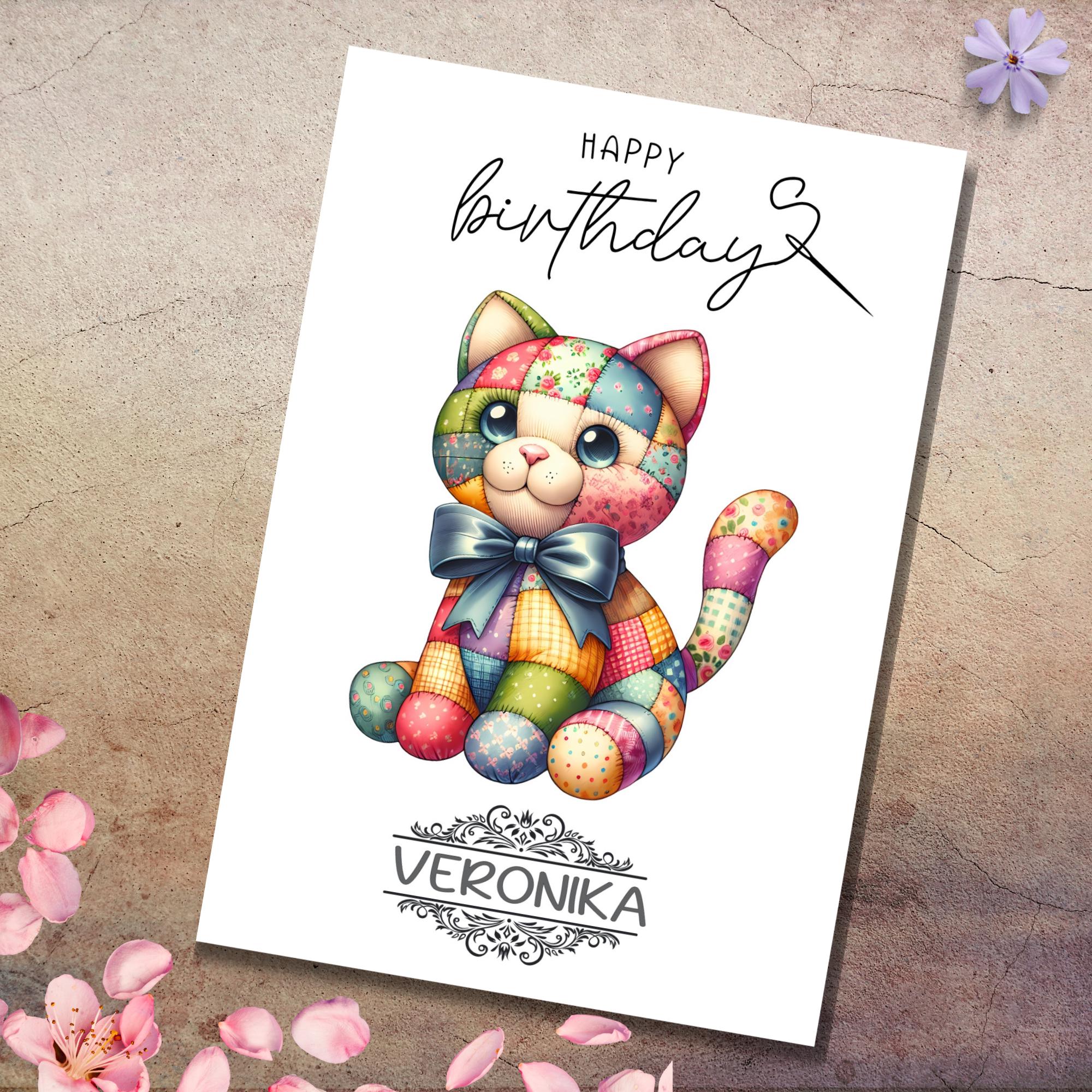 Postkarte personalisiert mit Namen Grußkarte Happy Birthday Karte Geburtstag Geburtstagskarte I Patchwork Katze #PHO