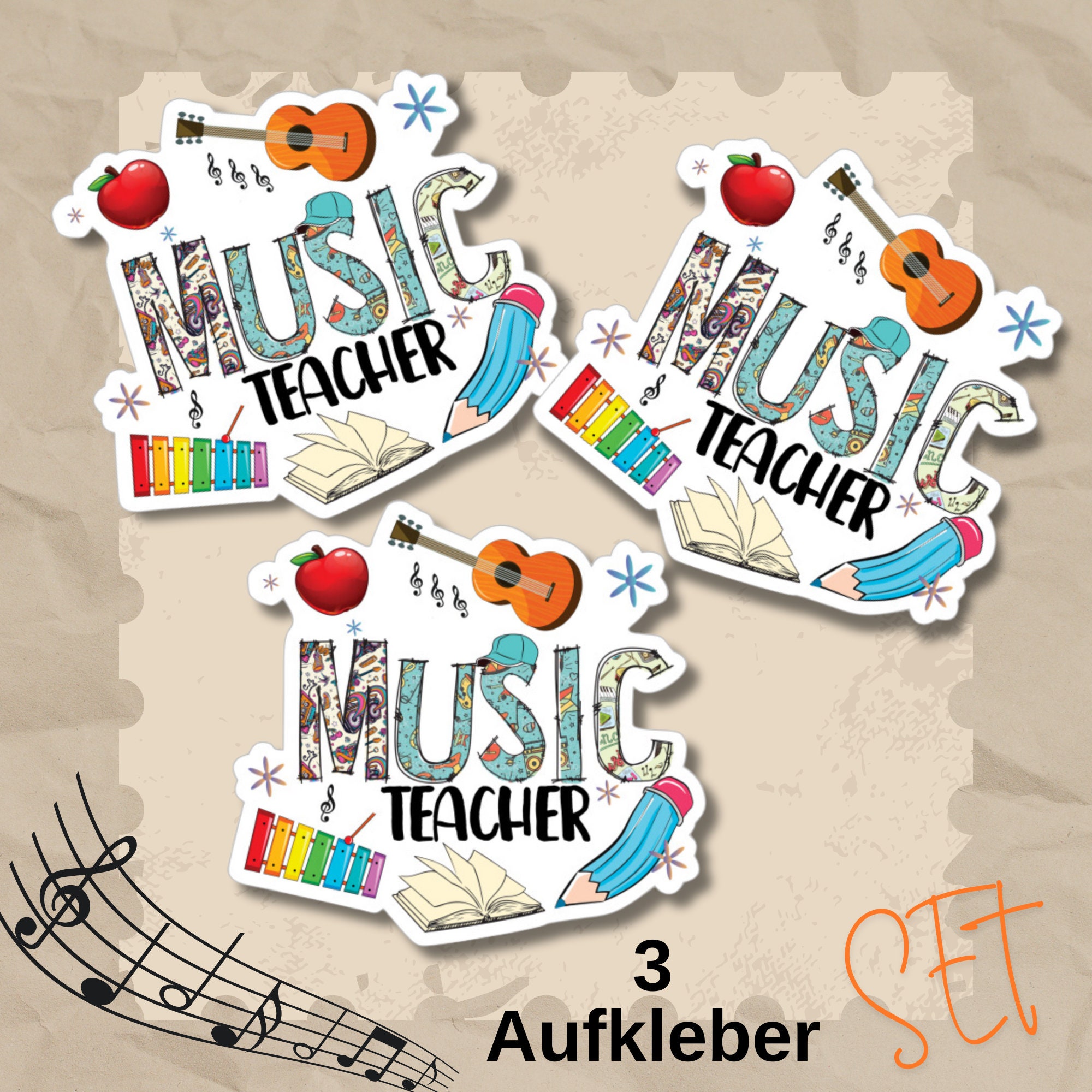 Großer Aufkleber, Musik Lehrer Sticker, großer Koffer Sticker, Kofferaufkleber  - 3 Aufkleber zur Auswahl in Weiß oder Transparent  #SEG8