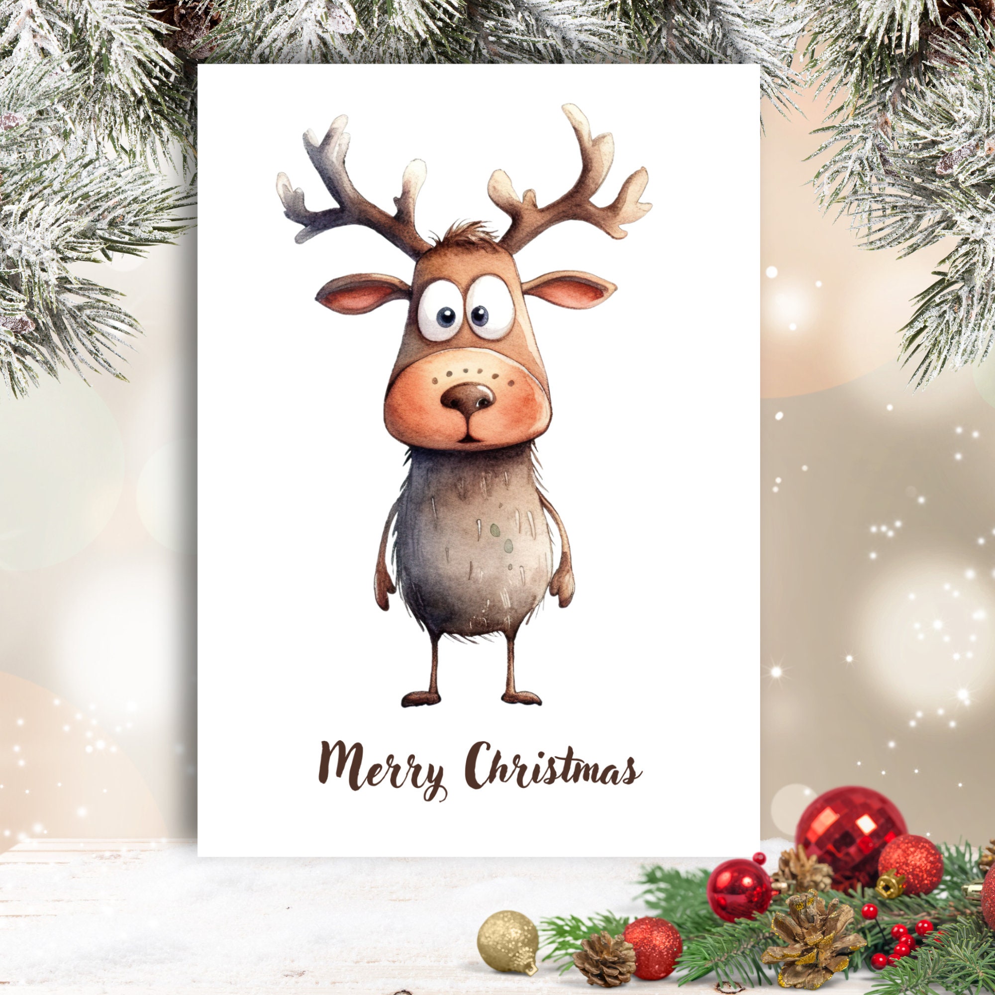 Postkarte, Grußkarte, Weihnachten, Rentier, Weihnachtskarte, Geschenkkarte I MIT oder OHNE Text "Merry Christmas"  #PLS