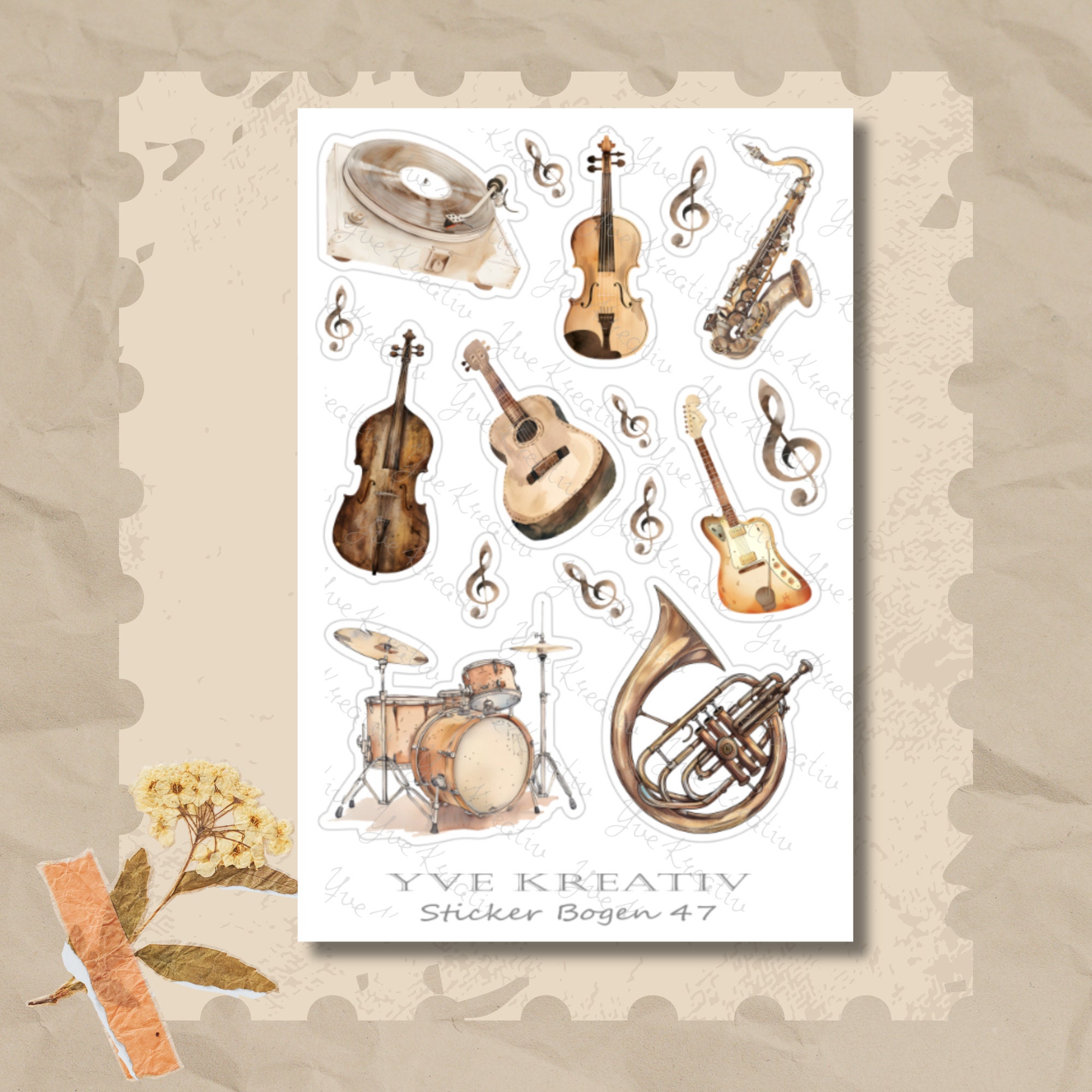 Sticker Bogen, Musik Instrumente, Sticker Set, Aufkleber, 3 Stickerbogen zur Auswahl in Weiß - Transparent - Matt - Glanz#SBA6