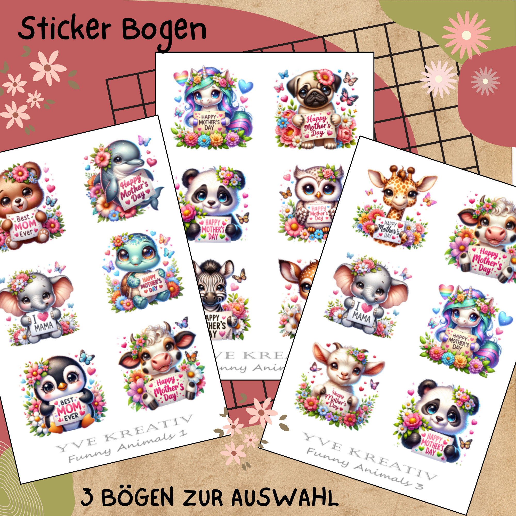 Sticker Bogen "Niedliche Tiere zum Muttertag" | Sticker Set - Aufkleber 3 Stickerbogen zur Auswahl in Weiß - Transparent - Matt - Glanz