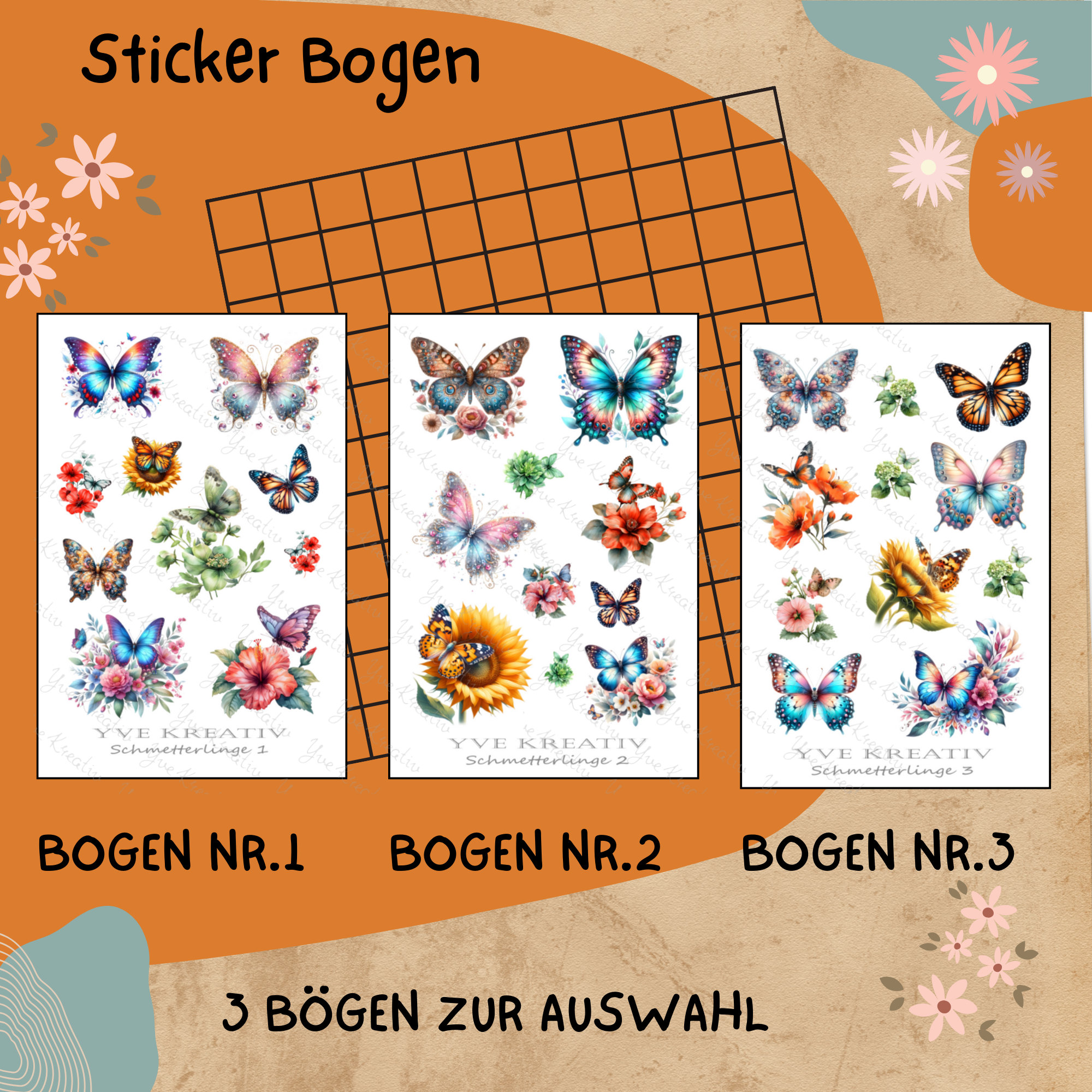 Sticker Bogen " Schmetterlinge Sommer " | Sticker Set - Aufkleber 3 Stickerbogen zur Auswahl in Weiß - Transparent - Matt - Glanz