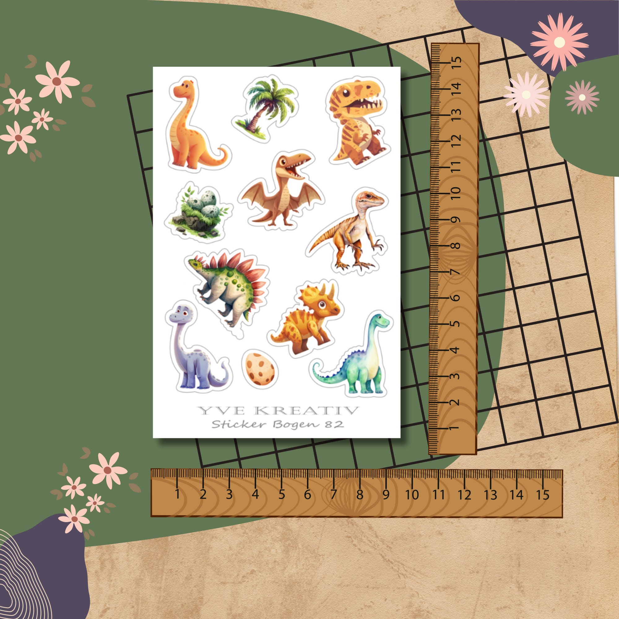 Aufkleber, Sticker Bogen, Dinos, Dinosaurier | Sticker Set - 3 Stickerbogen zur Auswahl in Weiß - Transparent - Matt - Glanz  #SBA6
