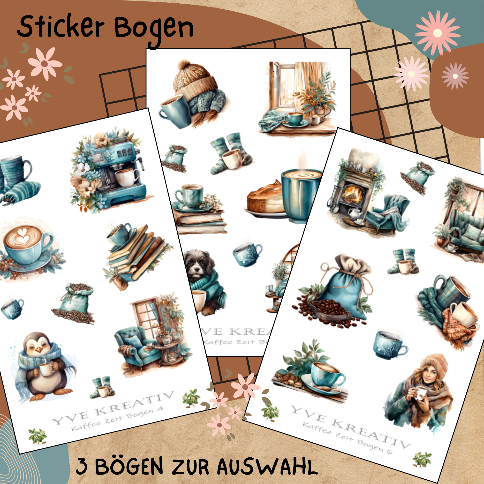 Sticker Bogen " Kaffee - Zeit für Dich " | Sticker Set - Aufkleber 3 Stickerbogen zur Auswahl in Weiß - Transparent - Matt - Glanz  #SBA6
