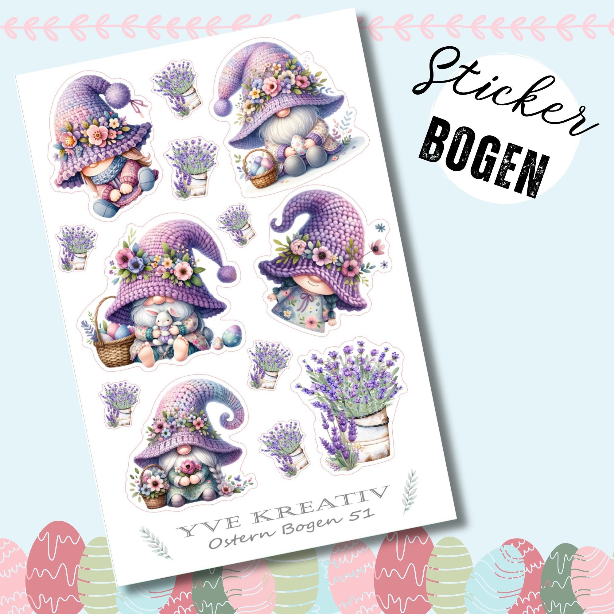 Stickerbogen Aufkleber "Lavendel Ostern Wichtel" | Sticker Set - Sticker Bogen zur Auswahl in Weiß - Transparent - Matt - Glanz  #SBA6