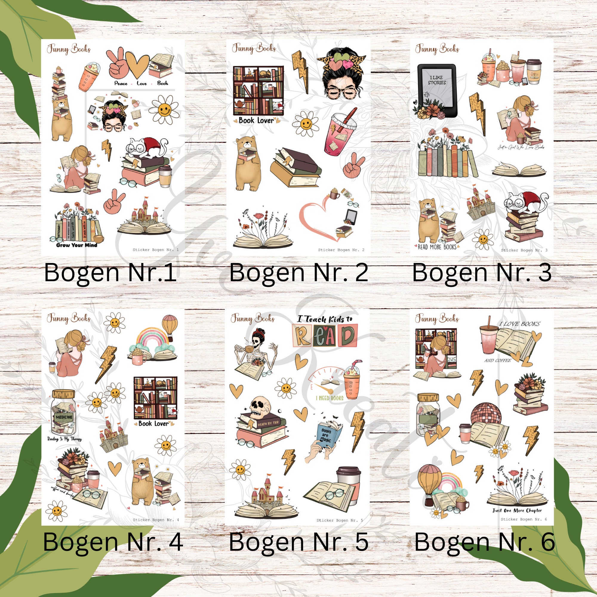 Sticker Bogen - Funny Books | Sticker Set - Journal Sticker - Aufkleber 6 Bögen zur Auswahl in Weiß oder Transparent