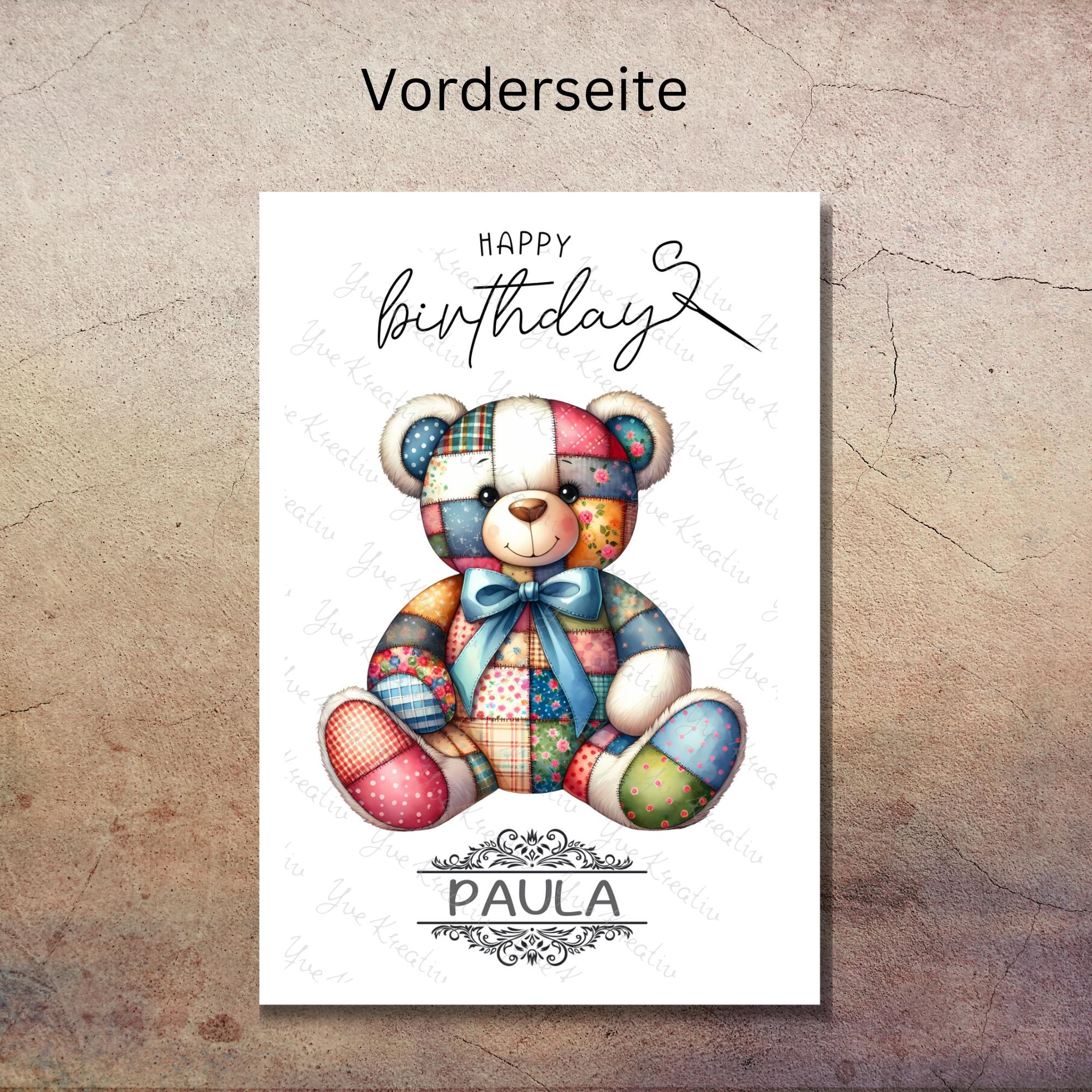 Postkarte personalisiert mit Namen Grußkarte Happy Birthday Karte Geburtstag Geburtstagskarte I Patchwork Teddy Bär #PHO
