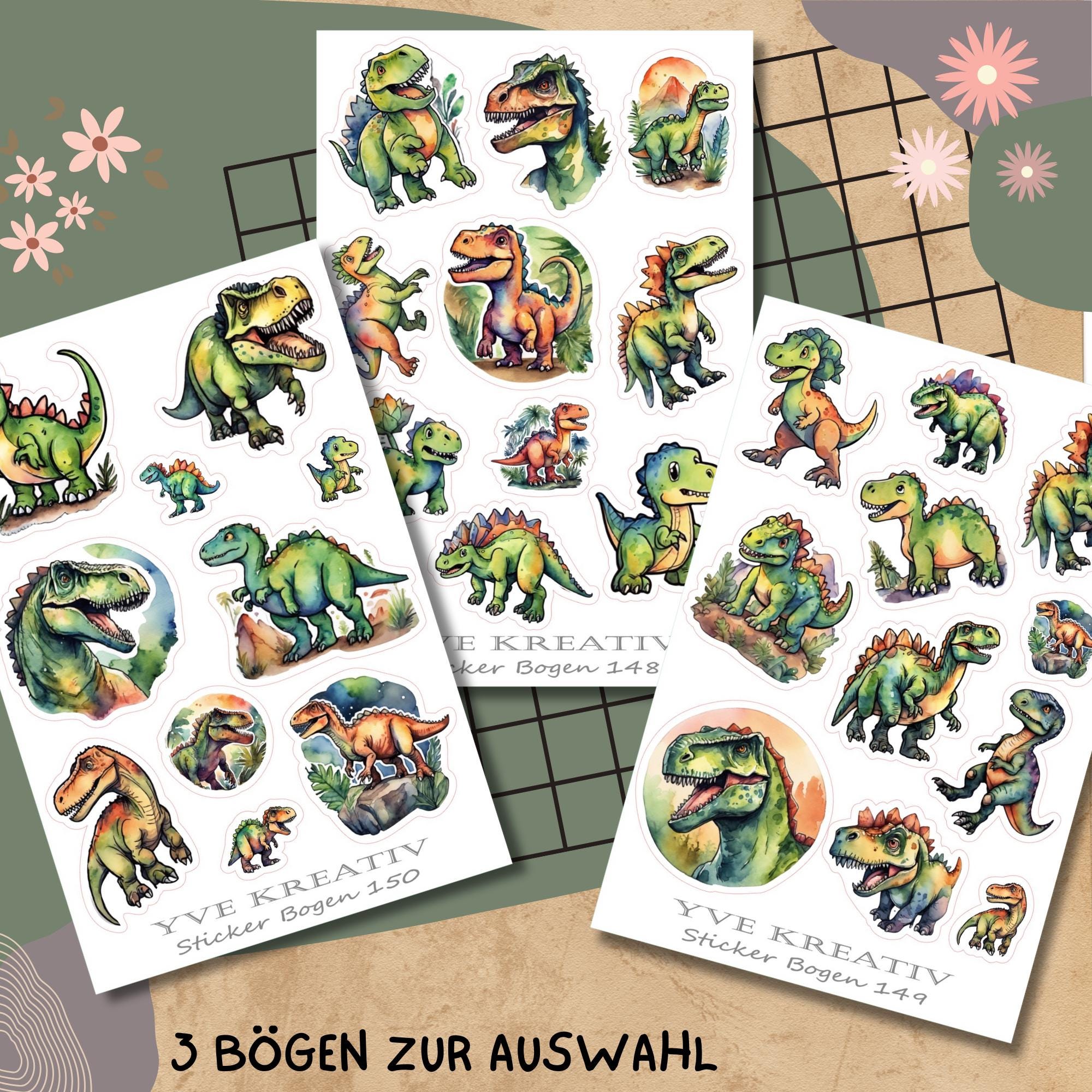 Aufkleber, Sticker Bogen, Dinos, Dinosaurier | Sticker Set - 3 Stickerbogen zur Auswahl in Weiß - Transparent - Matt - Glanz  #SBA6