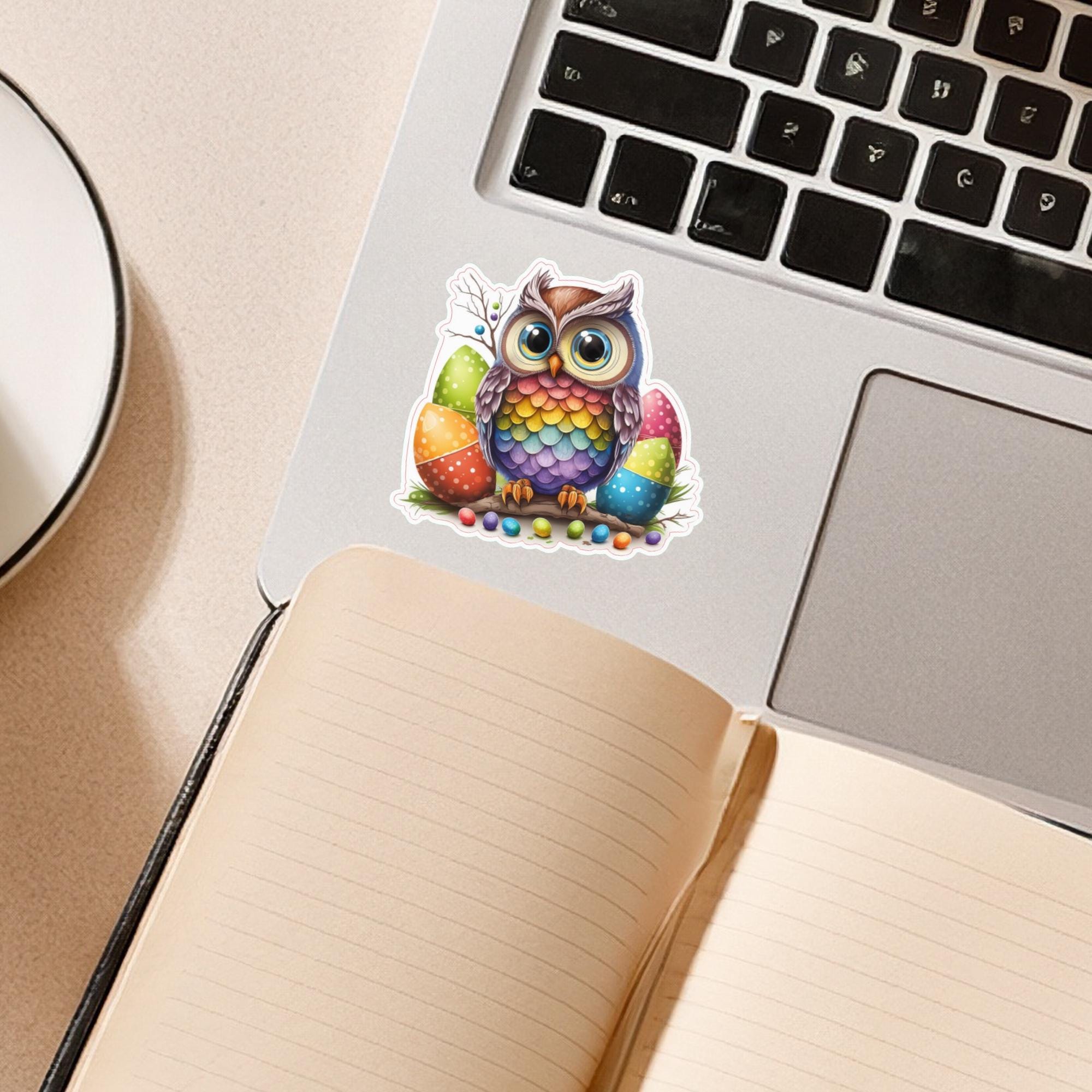 Aufkleber Ostern großer 8 cm Sticker Regenbogen Eule Deko Geschenkaufkleber - zur Auswahl in Weiß oder Transparent  #SEG8