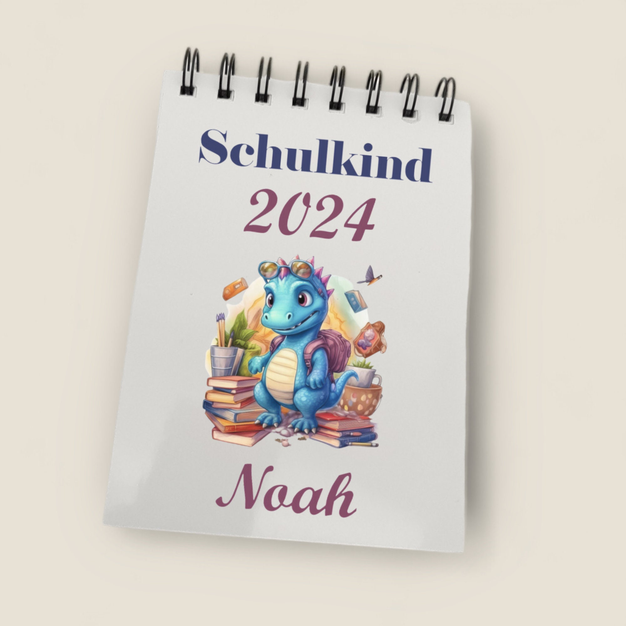 Notizblock Name und Jahr personalisiert DIN A6 Ringblock Schreibblock Notizbuch Schulheft Hausaufgabenheft - Schulkind Dinosaurier  #A6SO