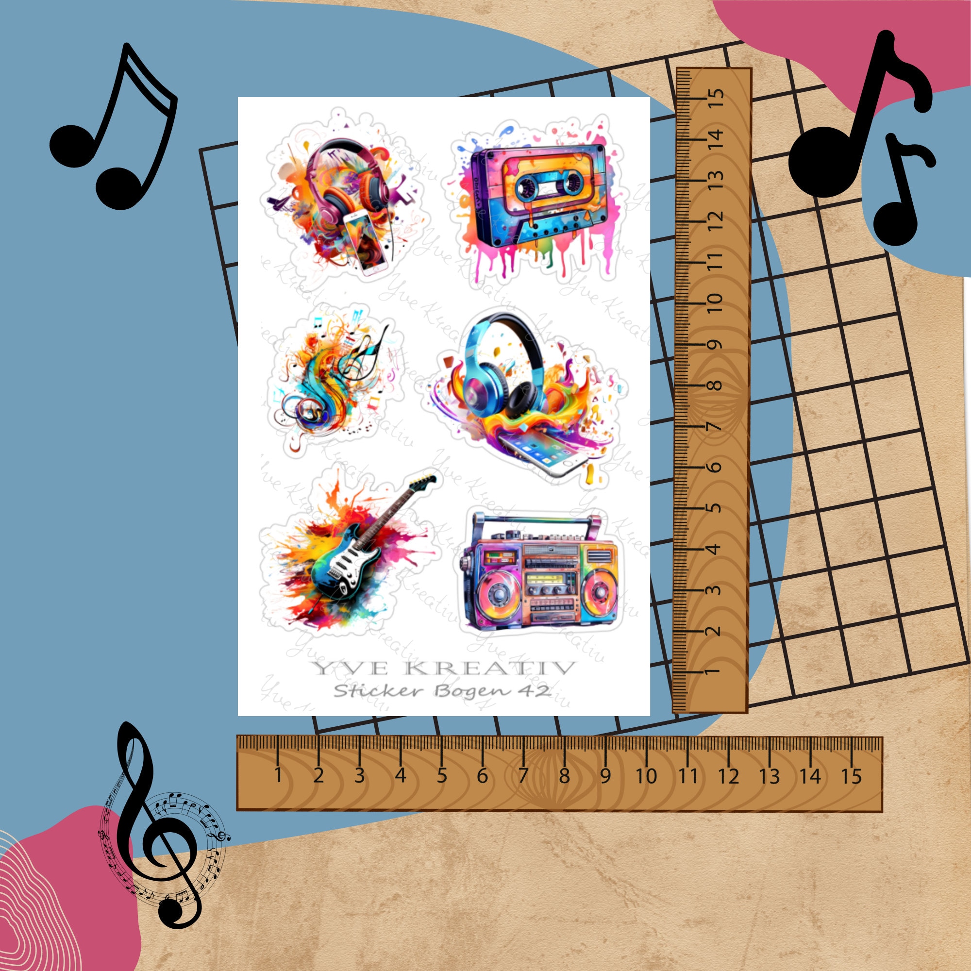 Sticker Bogen, Musik Instrumente, Sticker Set, Aufkleber, 3 Stickerbogen zur Auswahl in Weiß - Transparent - Matt - Glanz#SBA6