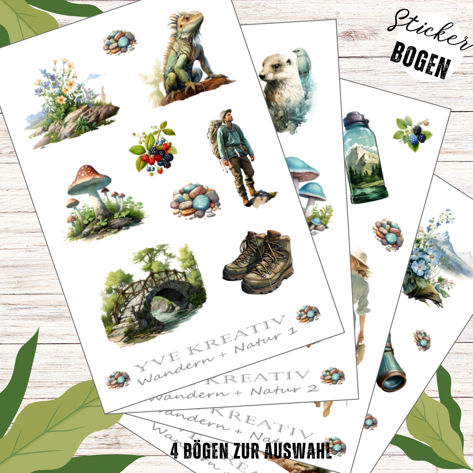 Sticker Bogen - Wandern Natur Wald | Sticker Set - Journal Sticker - Aufkleber 4 Bögen zur Auswahl in Weiß oder Transparent