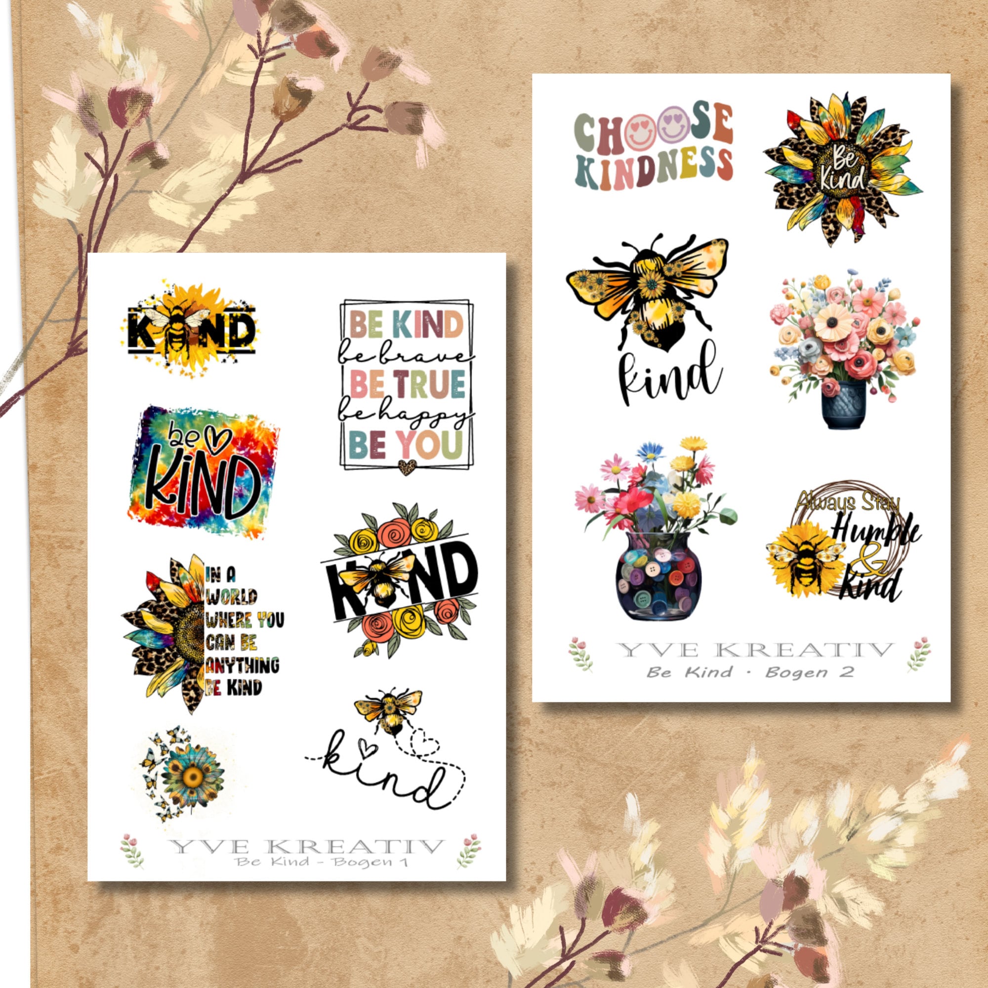 Sticker Bogen "Be Kind" | Sticker Set - Aufkleber 2 Stickerbogen zur Auswahl in Weiß - Transparent - Matt - Glanz  #SBA6