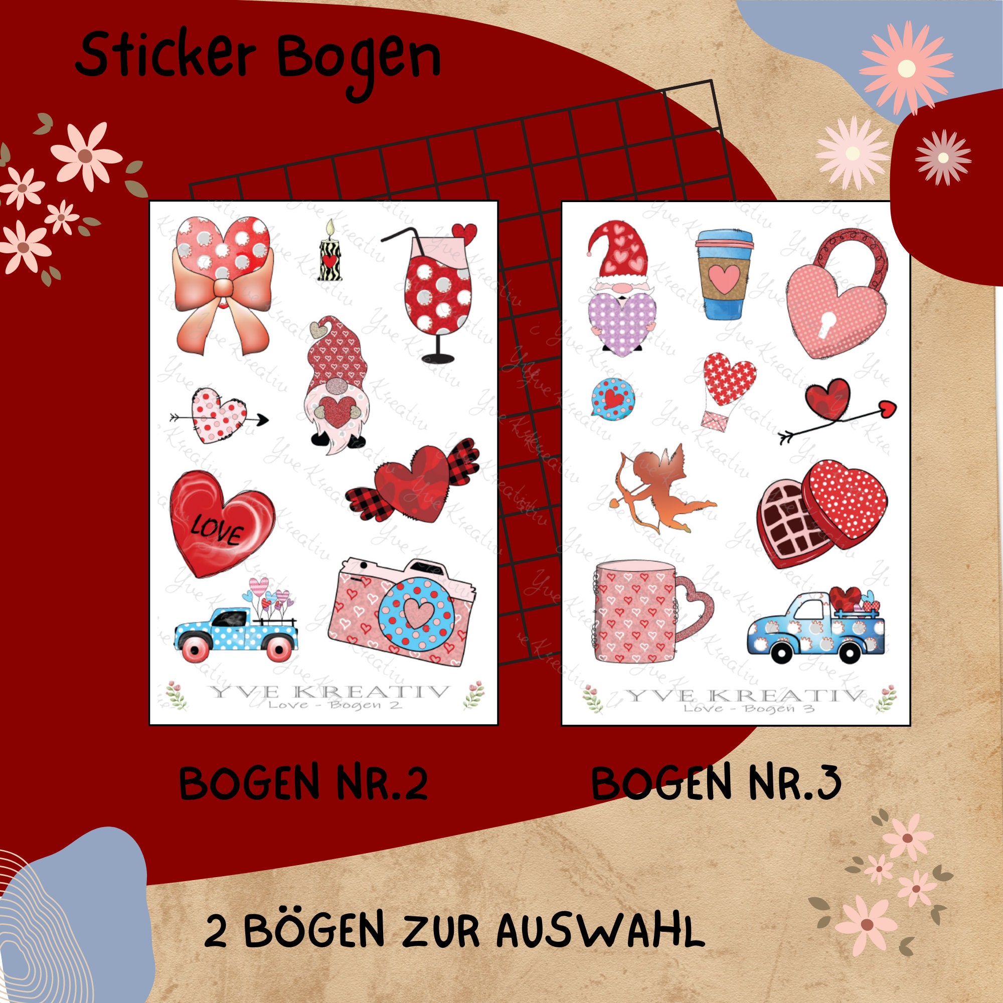 Sticker Bogen, Aufkleber, Sticker, Liebe, 2 Stickerbogen zur Auswahl in Weiß - Transparent - Matt - Glanz #SBA6