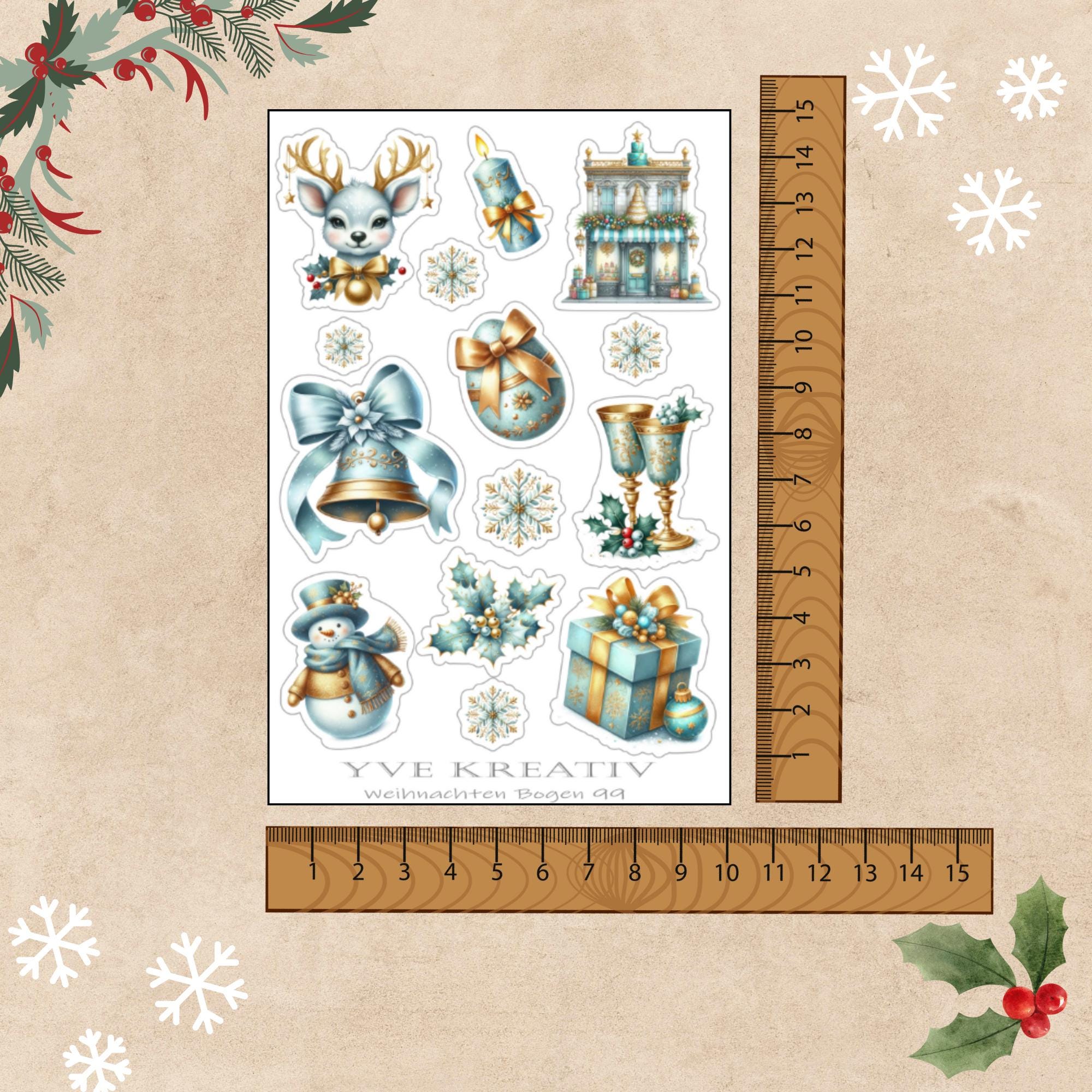 Aufkleber Weihnachtssticker Bogen "Weihnachten Türkis" | Sticker Set -3 Stickerbogen zur Auswahl in Weiß - Transparent - Matt - Glanz  #SBA6