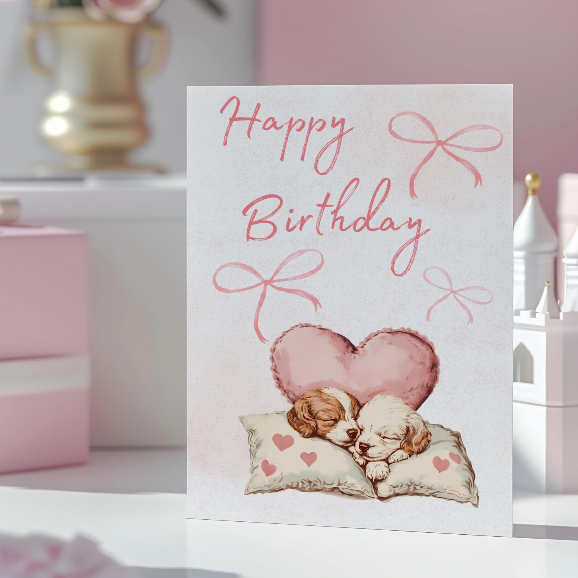Postkarte zum Geburtstag, Grußkarte, Karte mit Hunden Welpen, Grußkarte Happy Birthday in DIN A6 auf Papier mit Leinenstruktur #PLS