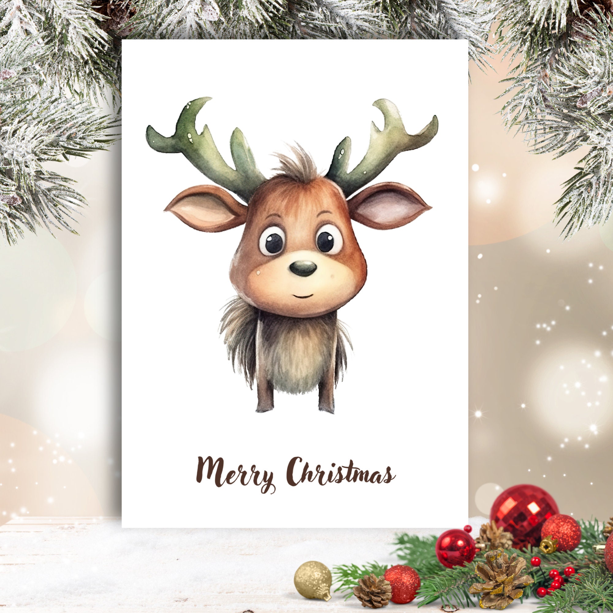 Postkarte, Grußkarte, Weihnachten, Rentier, Weihnachtskarte, Geschenkkarte I MIT oder OHNE Text "Merry Christmas"  #PLS