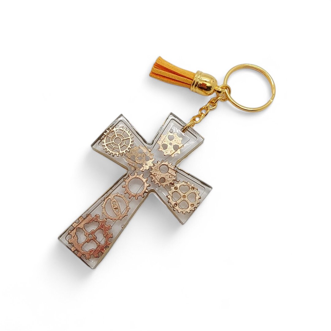 Schlüsselanhänger Kreuz aus Epoxidharz mit einer kleinen Quaste Geschenk Kommunion Konfirmation  #1673241689