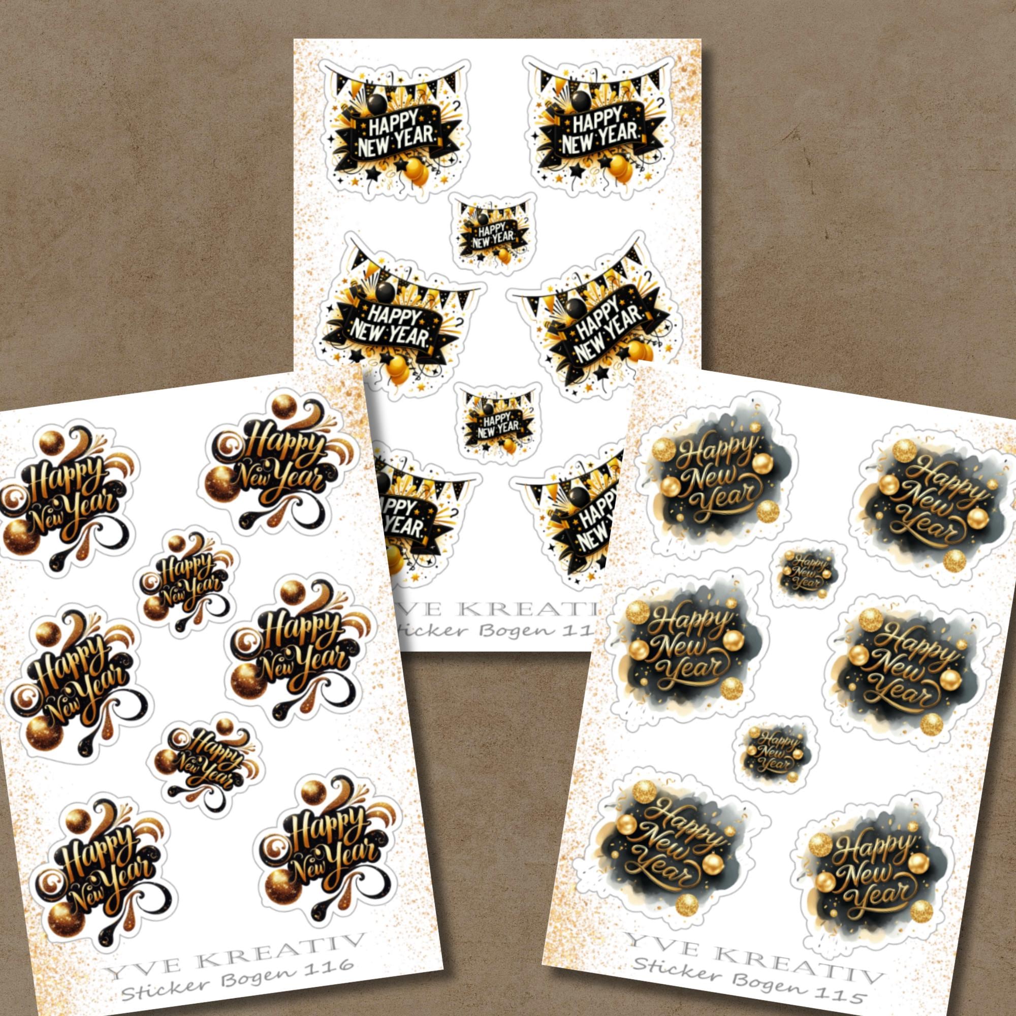 Aufkleber Sticker Bogen "Happy New Year, Silvester" | Sticker Set - 3 Stickerbogen zur Auswahl in Weiß - Transparent - Matt - Glanz  #SBA6