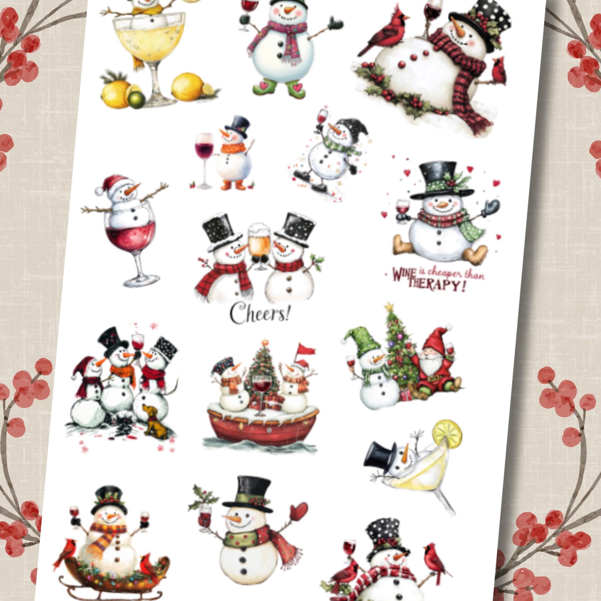 Weihnachtsaufkleber Stickerbogen 16x24 cm "Schneemann mit Wein" |  Aufkleber Sticker zur Auswahl in Weiß - Transparent - Matt - Glanz  #SBA5