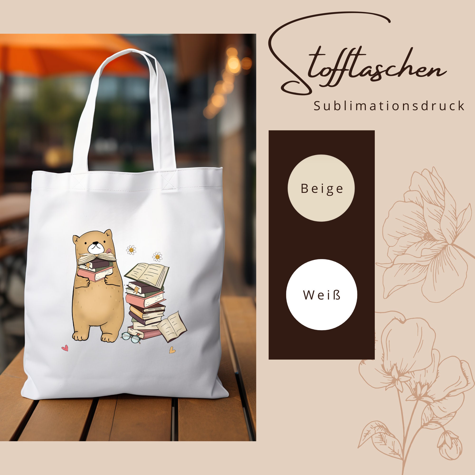 Stofftasche Geschenk für Leseratten Stoffbeutel für Mama Büchertasche Tasche Geschenk zum Geburtstag in Weiß oder Beige "Bücher Bär"  #STSUB